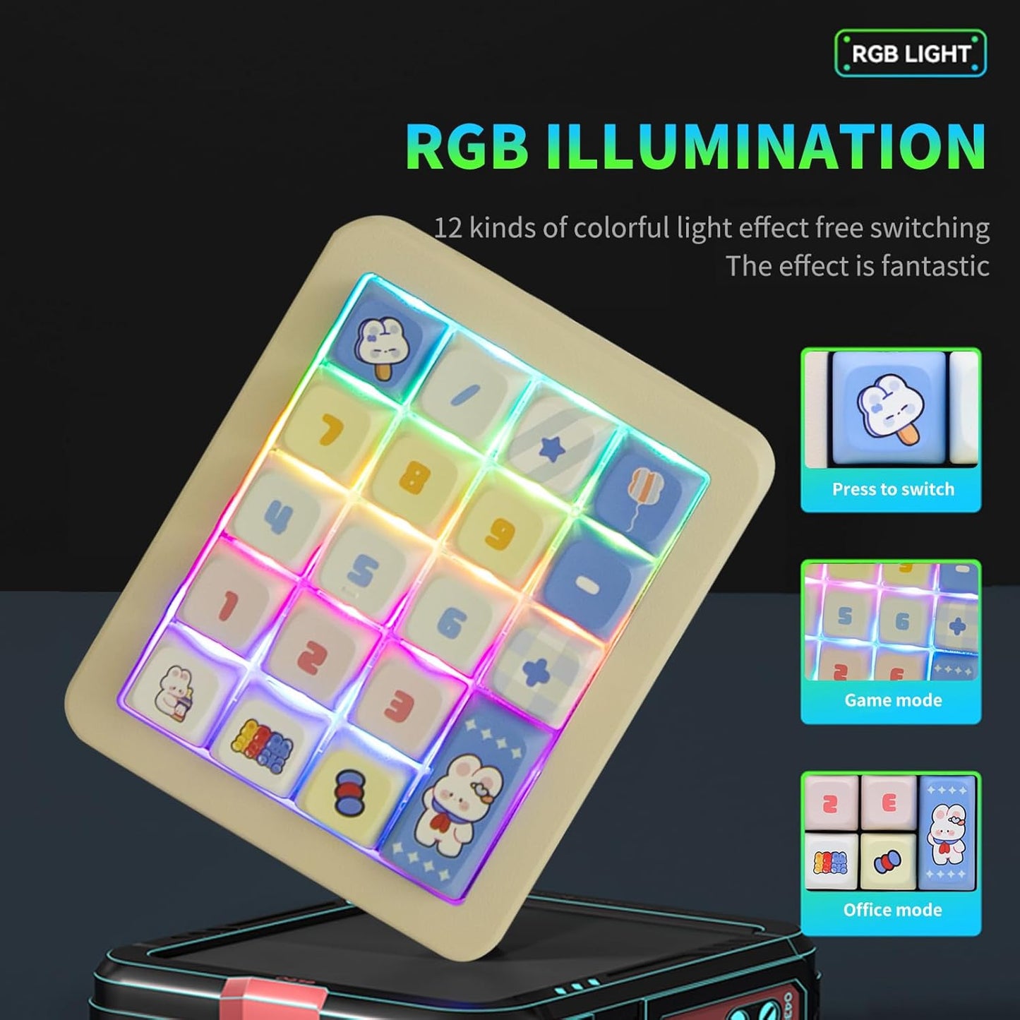 Adventurers K812 Wired Mechanical Numeric Keypad, 19-Key Hot-Swappable RGB Numpad, Macro Programmable, Detachable Type-C Cable, Game/Office Mode Switch – for PC/Laptop/Desktop (Cream White)