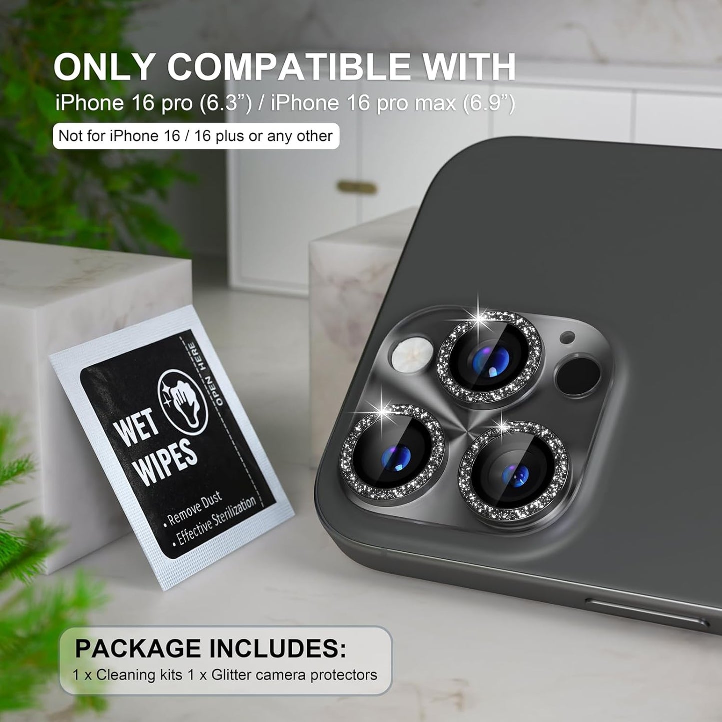 Choiche Compatible for iPhone 16 Pro/iPhone 16 Pro Max Camera Lens Protector, Bling Camera Cover with 9H Tempered Glass Lens Screen Protector Metal Ring Decoration Accessories(Clear-Black)