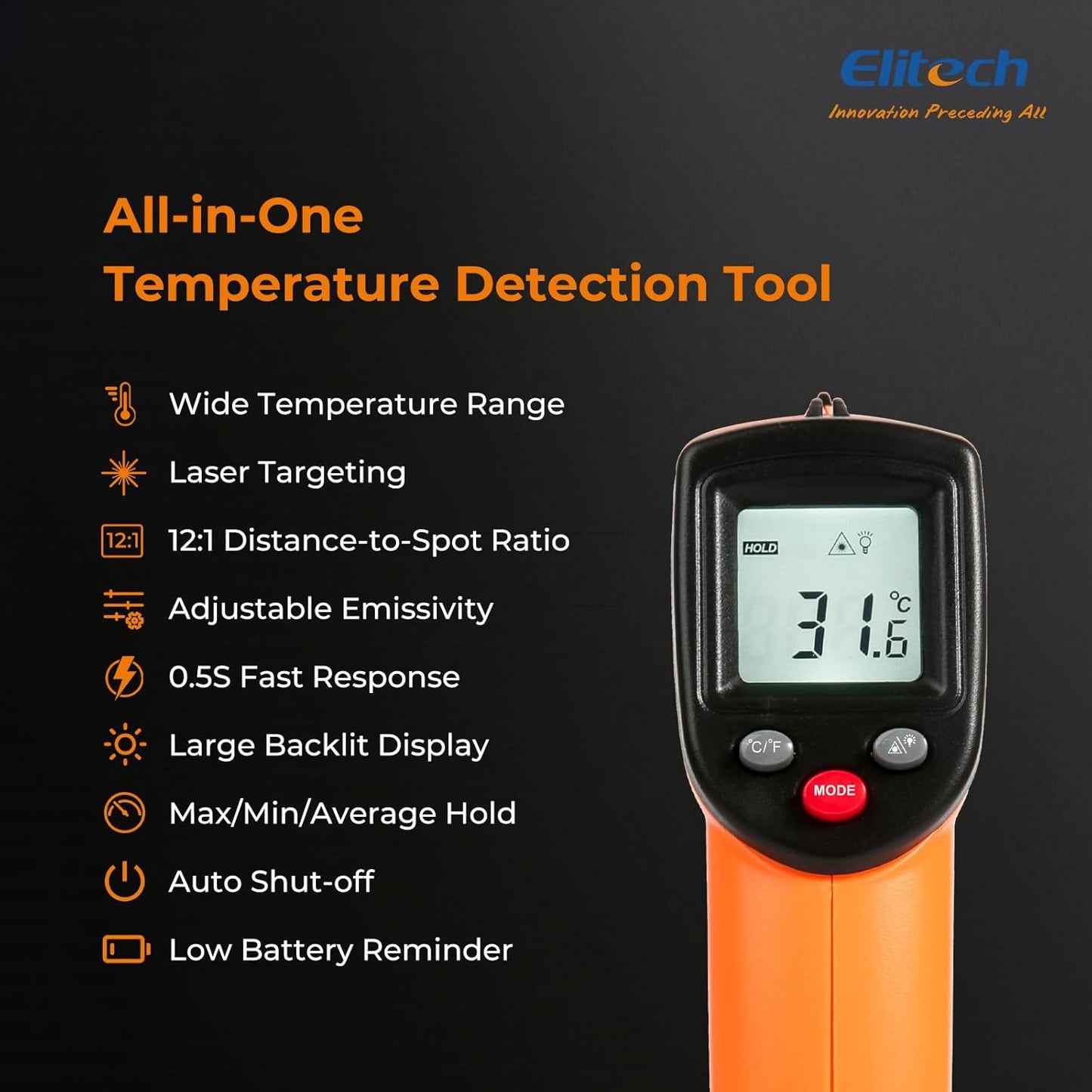 Elitech Laser Temperature Gun, Non-Contact Digital Infrared Thermometer, Adjustable Emissivity, Backlight, Handheld for Grill, Meat, Food, Candy, Automotive, HVAC Tools, -50~530°C(-58~986°F), DIT-220
