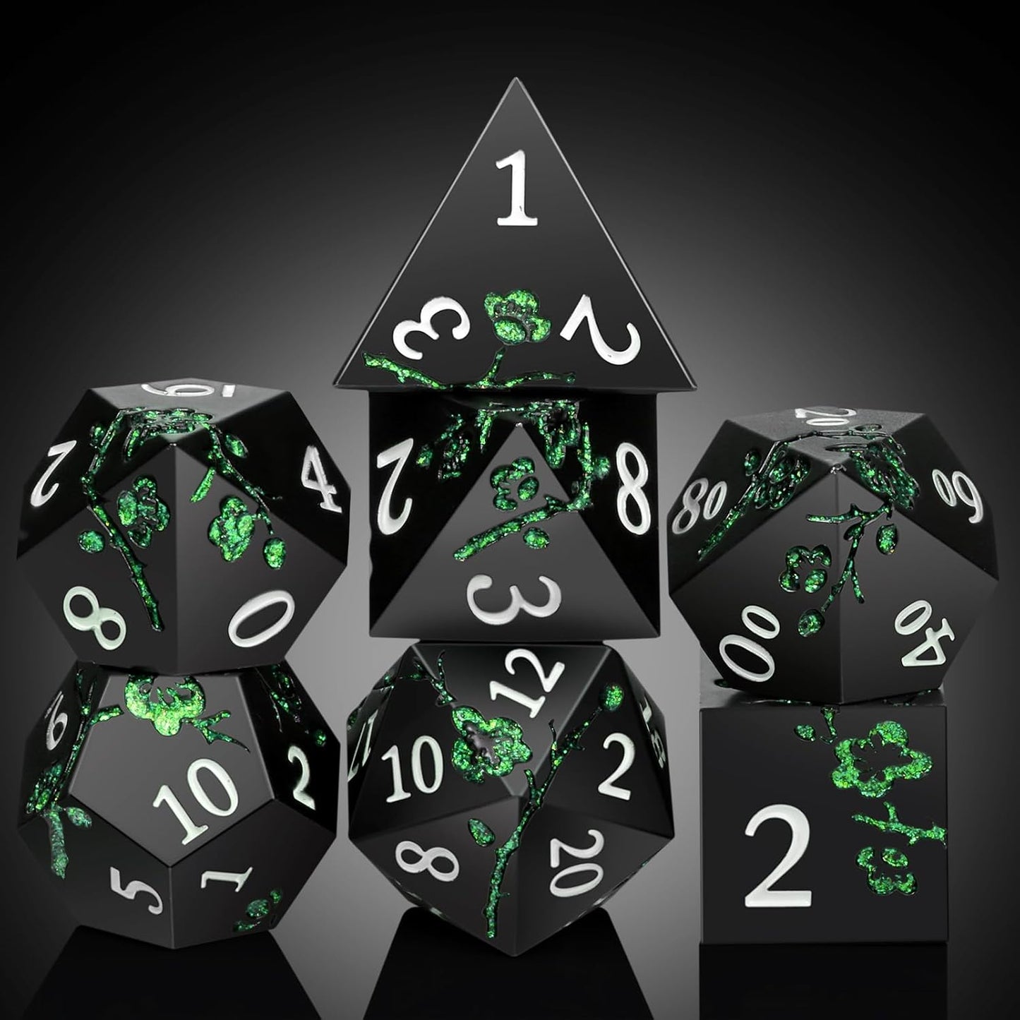 Glitter Green DND Metal Dice, DNDND 7 PCS Flower Metallic DND Dice Set with Gorgeous Gift Case for Dungeons and Dragon Tabletop Game (Matte Black with Glitter Green Flower)