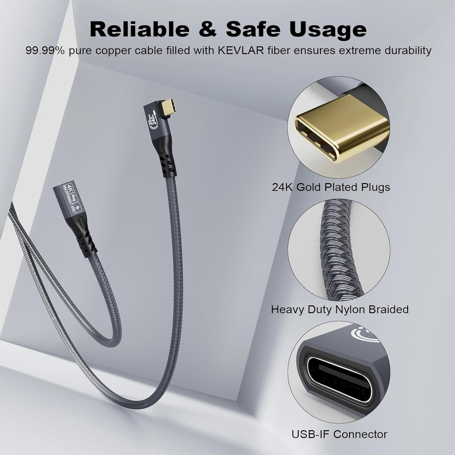 CABLEDECONN USB C 3.2 Gen-2 Extension Cord 2M 6.6FT 90 Degree Elbow Thunderbolt 3 240W Fast Charging Cable Male to Female Data Transfer 20Gbps 48V/5A 4K Video Cable Compatible with MacBook