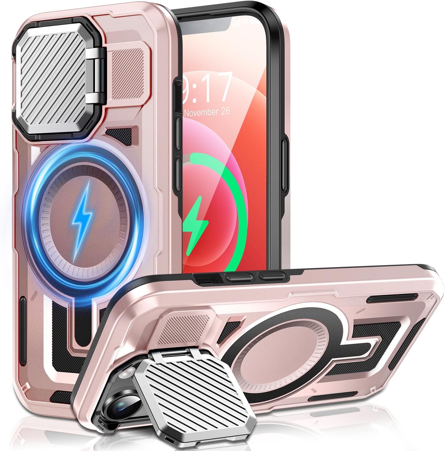 Camera Stand Case for iPhone 12/12 Pro, [Compatible with Mag Safe] [Lens Cover] 2024 Version Military Grade Protective Soft Case for iPhone 12/12 Pro 6.1 inch Men Women, Pink