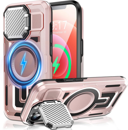 Camera Stand Case for iPhone 12/12 Pro, [Compatible with Mag Safe] [Lens Cover] 2024 Version Military Grade Protective Soft Case for iPhone 12/12 Pro 6.1 inch Men Women, Pink