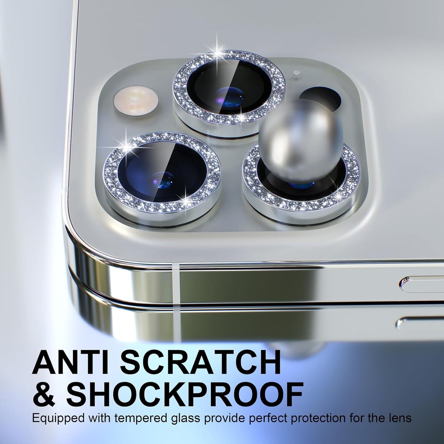 Choiche [3+1 for iPhone 13 Pro/iPhone 13 Pro Max Camera Lens Protector Bling, 9H Tempered Glass Camera Cover Screen Protector Metal Ring Decoration Accessories (Glitter-Silver)