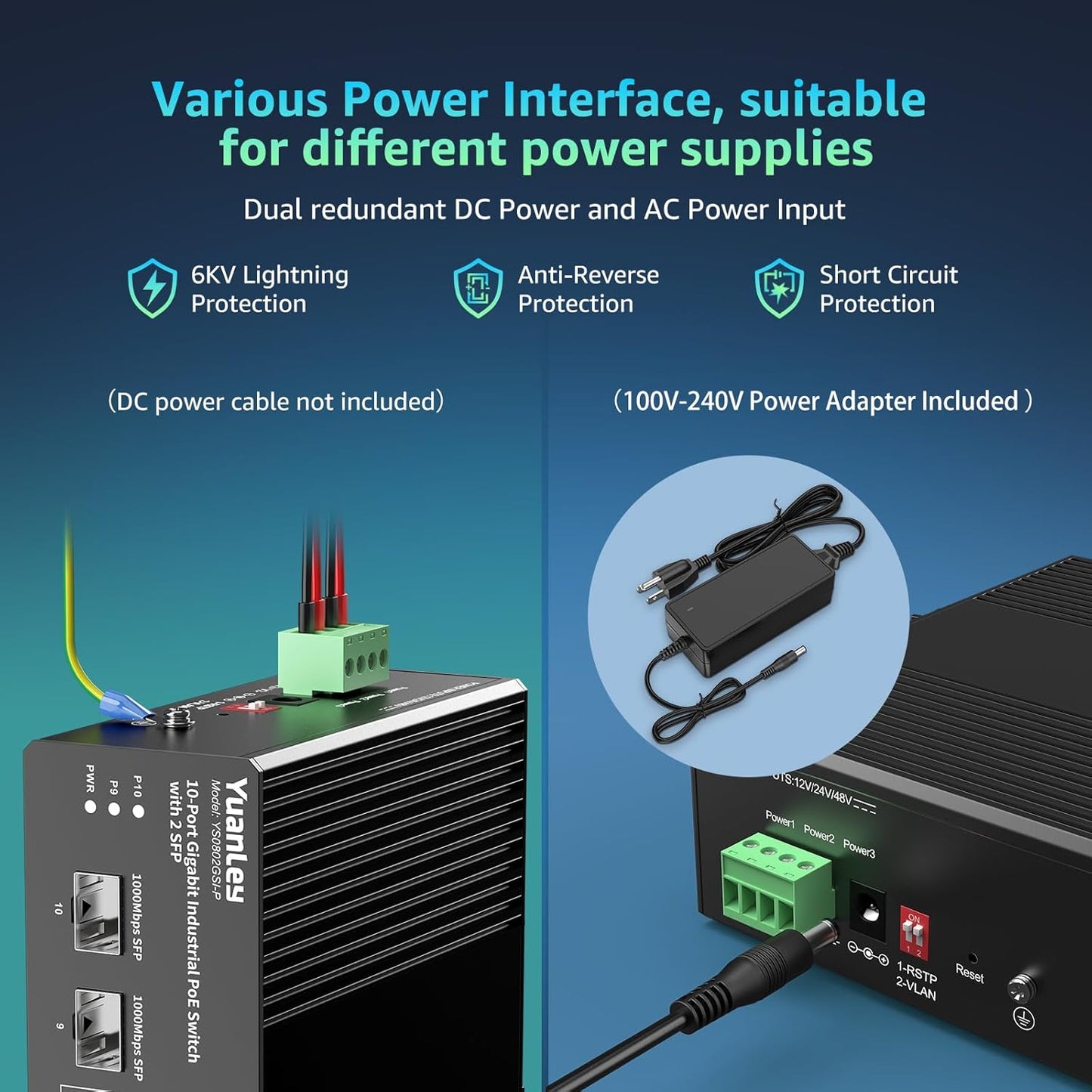 YuanLey 10 Port Industrial Switch with 8 Port PoE Gigabit & 2X SFP Port, Unmanaged PoE Switch with 120W Power Adapter, IEEE802.3af/at, VLAN & RSTP, Din-Rail PoE Switch for IP Camera, VoIP Phones,AP