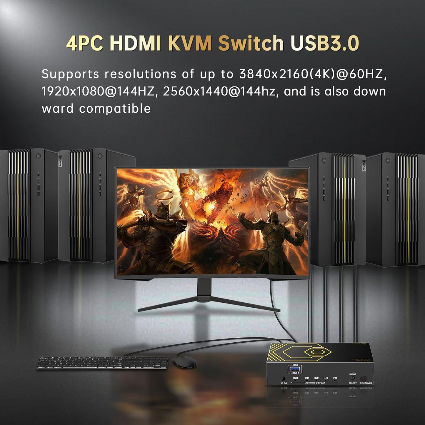 4K@60Hz HDMI KVM Switch USB3.0 4 Computers 1 Monitors HDMI 4 Port KVM Switches for 4 PC Share 1 Monitor and 4 USB 3.0 Devices SPDIF L/R Mic Audio with IR Remote Control and 4xUSB 3.0 Cables