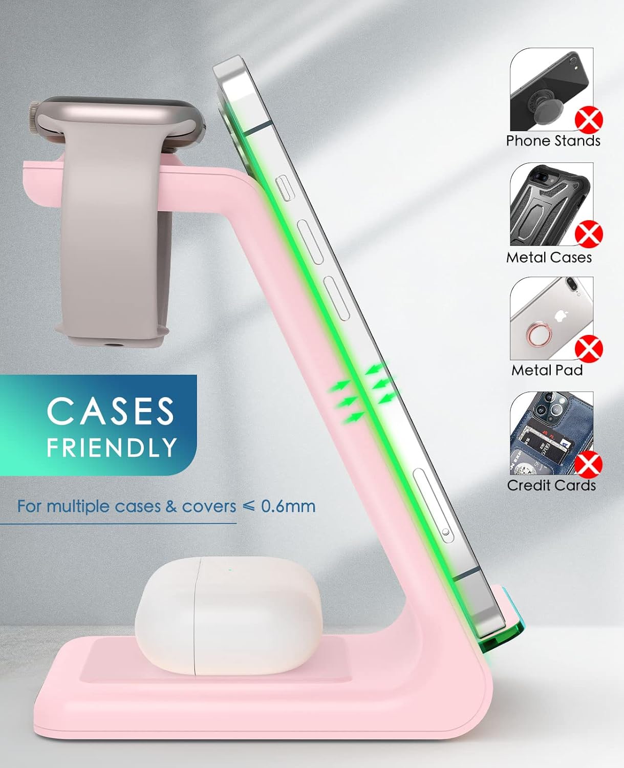 3 in 1 Wireless Charging Station, 2025 Upgraded Fast Desk Charger Station for iPhone 16 15 14 13 12 Pro Max Plus, Charger Stand for Apple Watch 10 9 8 7 6 5 4 3 2 SE, Airpods 4 3 2 Pro(Pink)