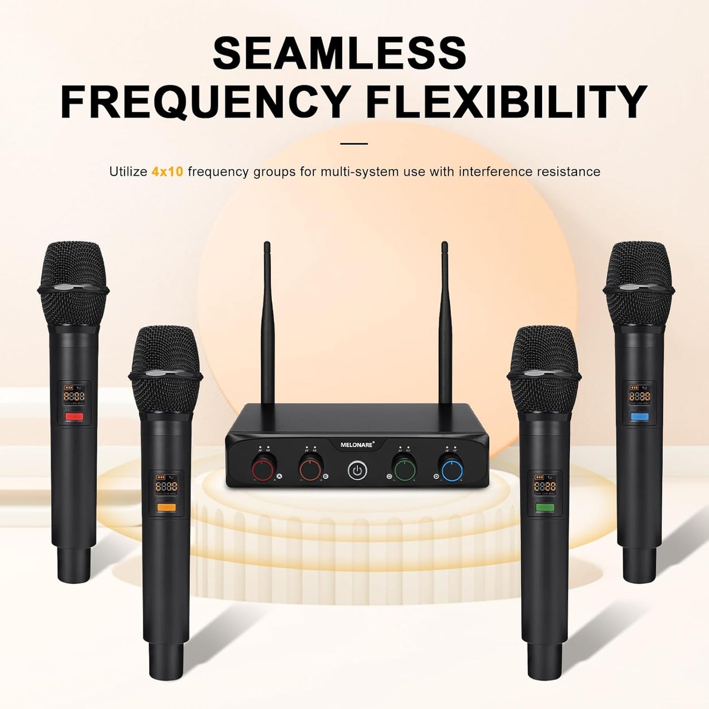 4-Channel Wireless Microphone System, UHF Compact Cordless Mic Set w/ 4x10 Frequencies, 200ft Range, Dynamic Handheld Microphone for Singing, Karaoke, Church, DJ, Wedding (MWM-41-4H)