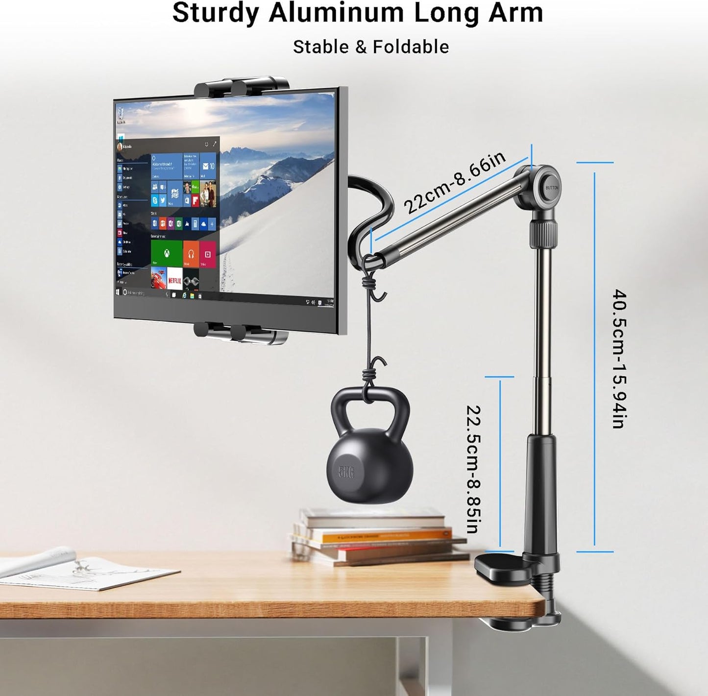 Foldable Desk Tablet Mount for iPad Portable Monitor 4.7-15.6'', Long Gooseneck Tablet Arm Holder, Table Tripod with Clamp Compatible with Surface Pro, All iPad Pro 12.9