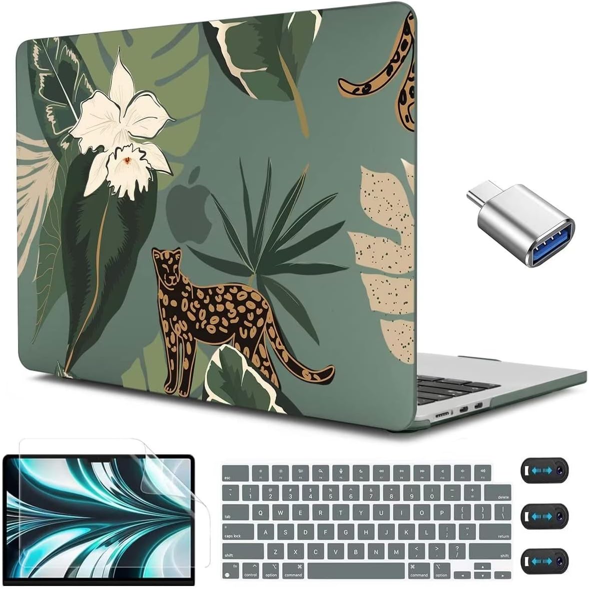 CISSOOK for MacBook Air 13.6 Inch Case 2024 2025 Model A3240 A3113 A2681, Panther Leopard Midnight Green Cover with Keyboard Cover for MacBook Air 13.6 M2 M3 M4 - Leopard