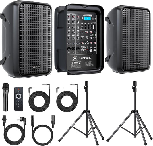 All-in-One 2-Way PA Speaker System DJ Mixer Bundle,300W 8-Channel Mixer Bluetooth, Amplifier Kit with 8" Subwoofer and 1" Horn Tweeter,USB,2 Speaker Stands, Mic