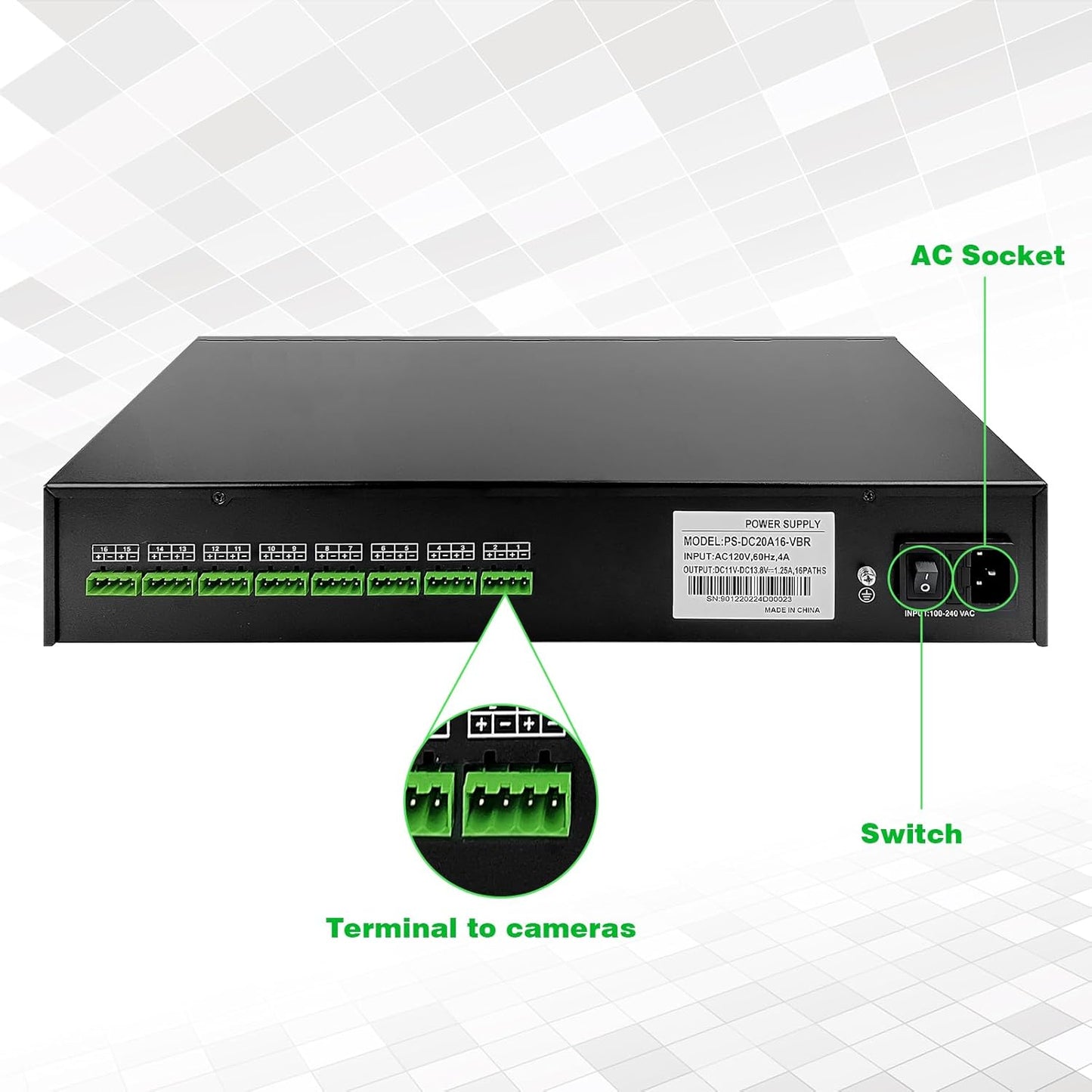 DC 16 Channel VBR CCTV 12V 20A Distributed Power Supply Rack Mount, PTC Reset Fuse,（UPS） Uninterruptible Power Supply System Function，Adjustable Output Voltage，for Security Cameras, DVR，NVR