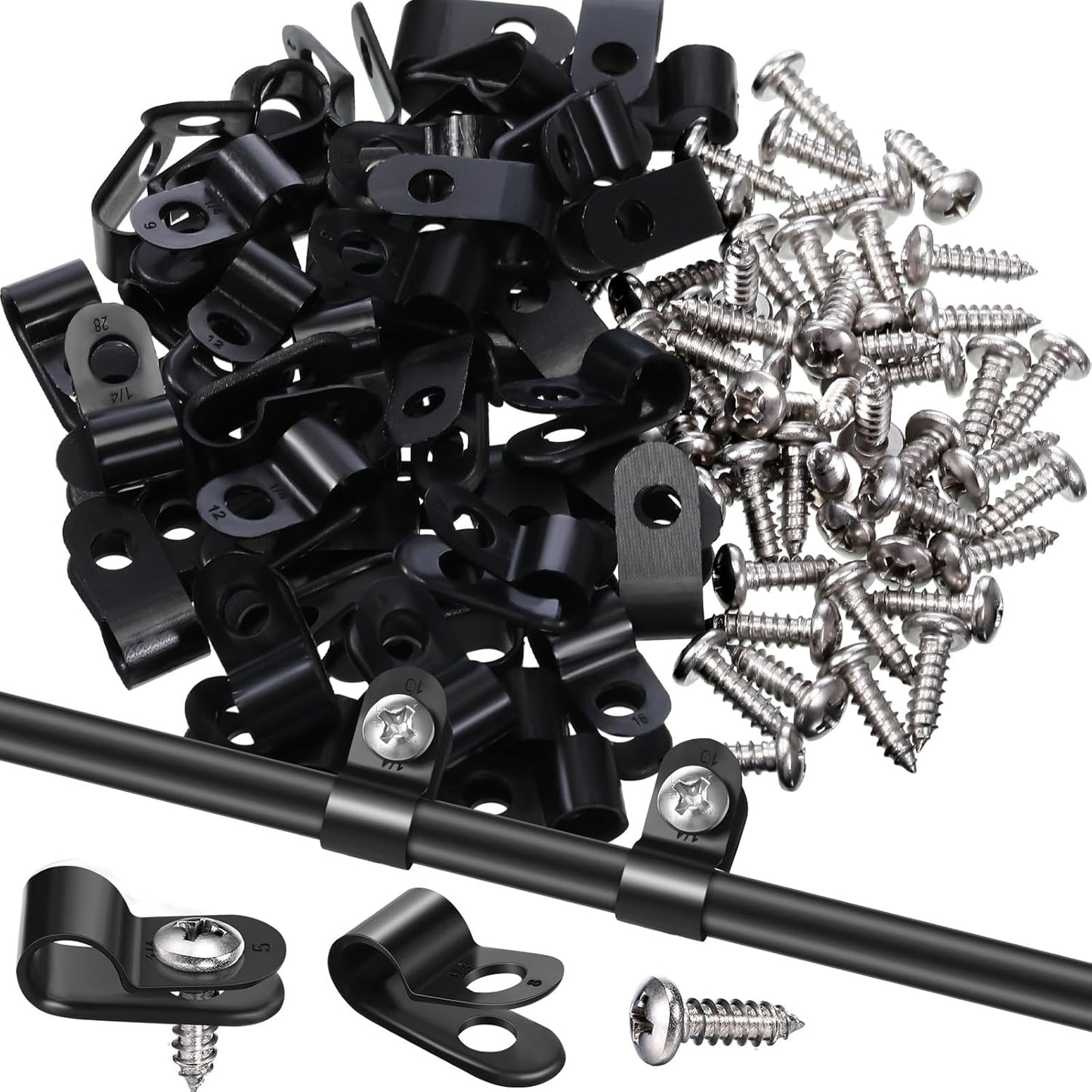 Hicarer 50 Pack R-Type Cable Clip Wire Clamp, Nylon Screw Mounting Cord Fastener Clips with 50 Pack Screws for Wire Management (Black, 1/4inch)