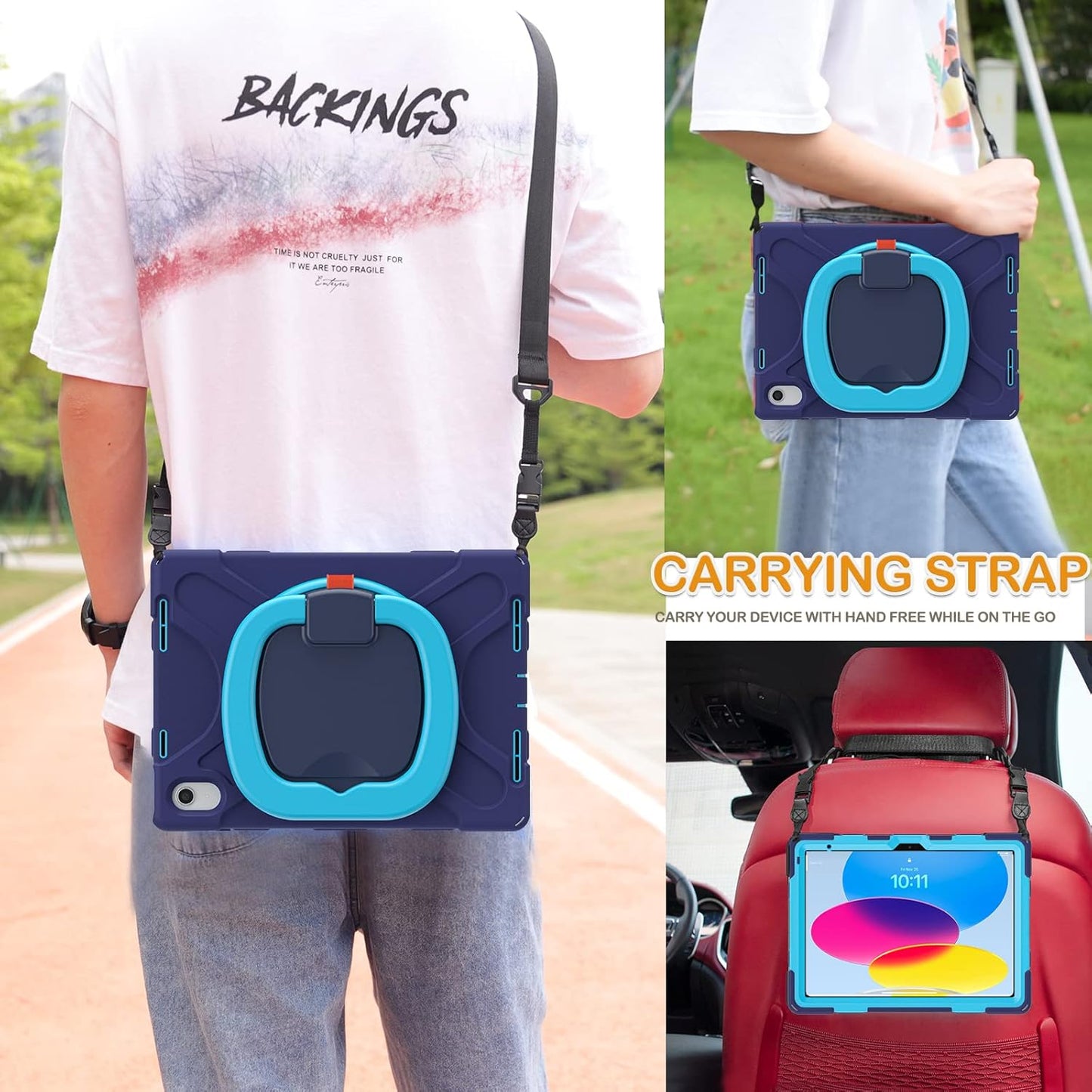 BRAECN Case for iPad (A16) 11th/10th Generation 11”/10.9'' 2025/2022, Heavy Duty Shockproof Cover with Pencil Holder/Screen Protector/Rotating Handle Grip/Stable Kickstand/Shoulder Strap, Navy Blue