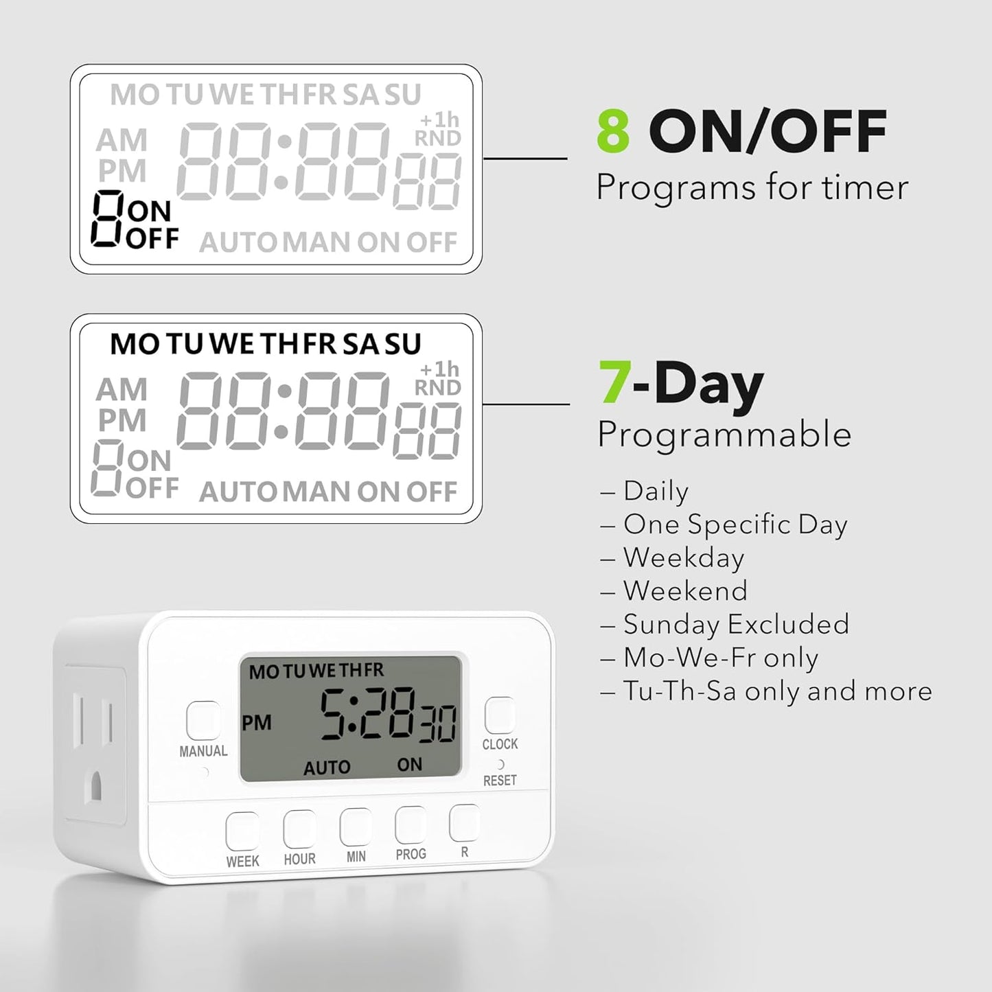 BN-LINK 7-Day Heavy Duty Digital Timer with Dual Outlet, LCD Display, 3-Prong Programmable Design, for Lights, Fans, Coffee Machine, Home, Kitchen, Office, Indoor Use, 125V 15A 1875W, 1 Pack