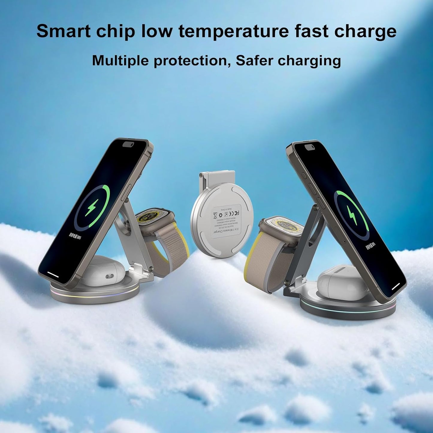 Foldable 360º Rotatable Zinc Alloy 3-in-1 Magnetic Wireless Charger,3 in 1 Charging Station,Charging Stand,15W for iPhone 12-16,for Apple Smartwatches, AirPods (Adapter Included) (White)