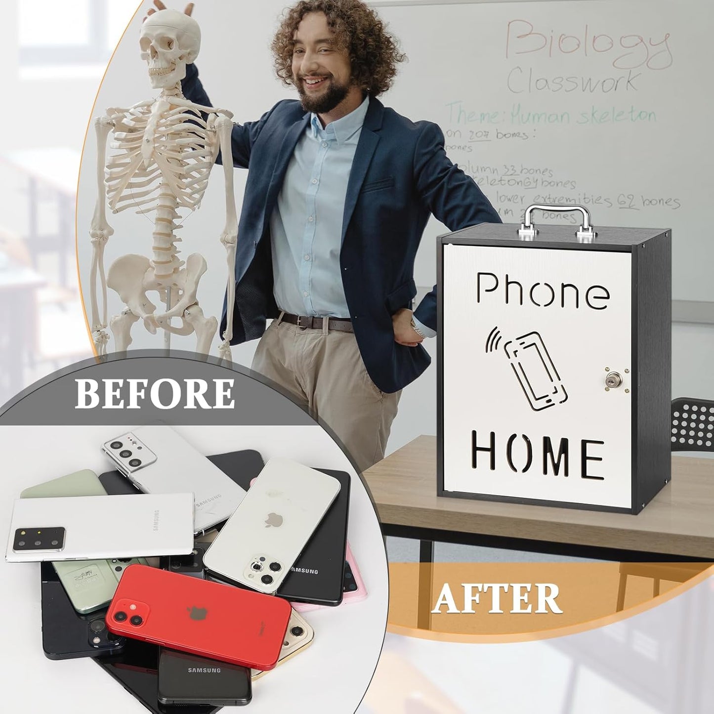 Cell Phone Holder Classroom 36 Slots Wooden Cell Phone Storage Cabinet Pocket Chart with Handle and Security Lock for Classroom Office (36 Grid Cabinet Black)