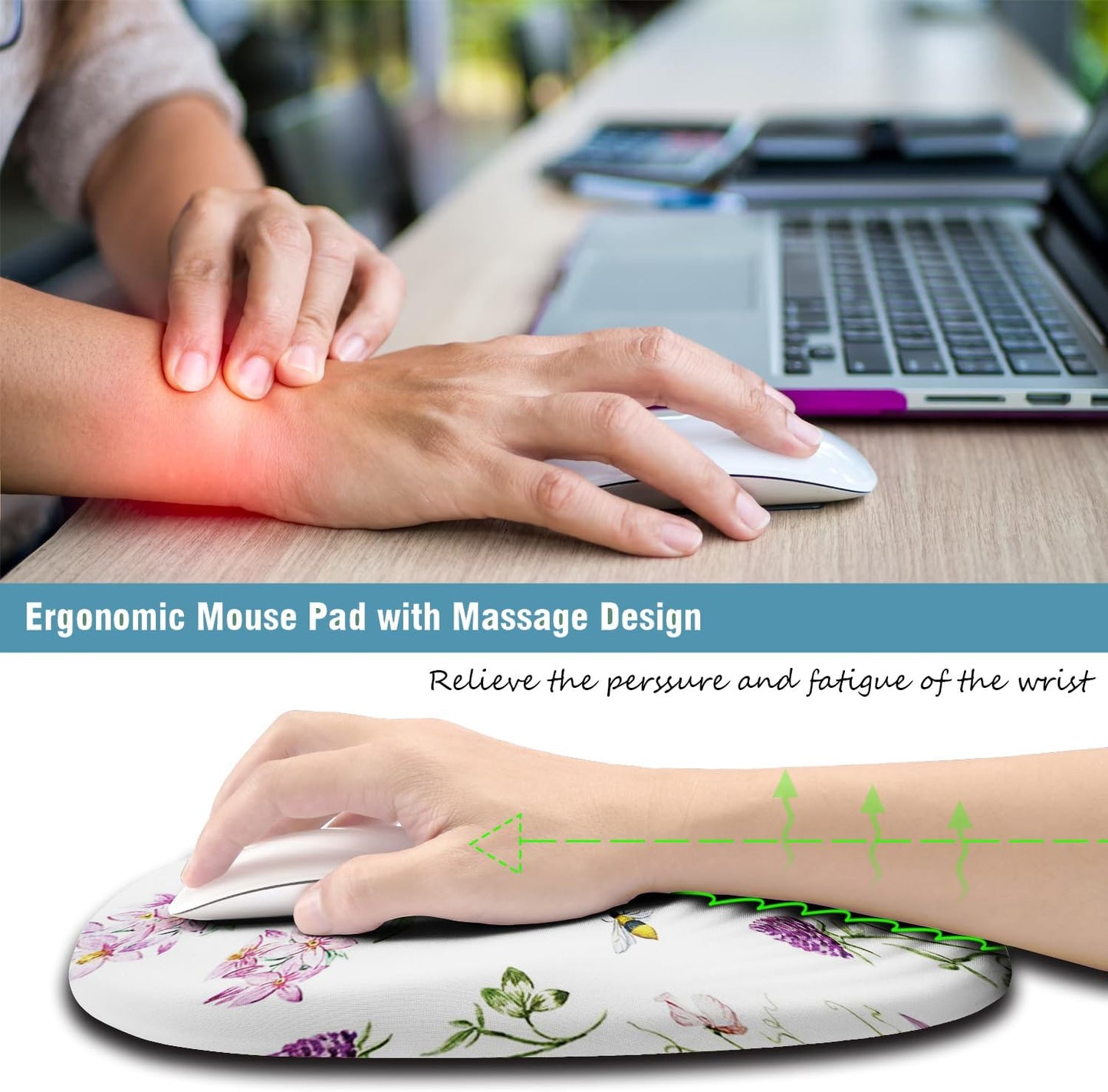 Floral Ergonomic Mouse Pad Wrist Support, Pretty Flowers Mouse Pad with Wrist Rest, Foam Massage Design & Non-Slip PU Base MousePads for Pain Relief, Desk, Office, Home