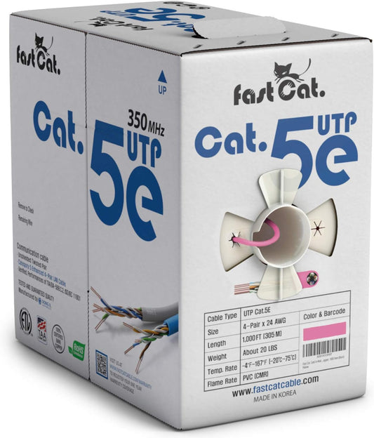 fast Cat. Cat5e Ethernet Cable 1000ft - 24 AWG, CMR, Insulated Bare Copper Wire Cat 5 ethernet Cable with FastReel - 350MHZ / Gigabit Speed UTP Cable Cat5e - CMR (Pink)