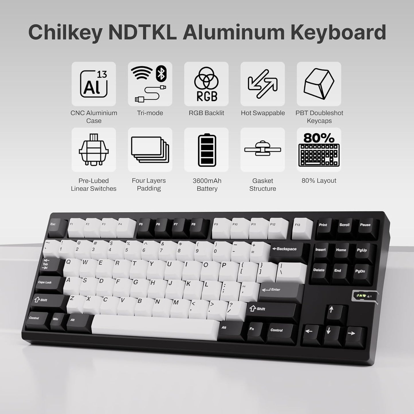 Chilkey ND TKL Aluminum Mechanical Keyboard, 87 Keys Tenkeyless Wireless Gaming Keyboard, Tri-Mode BT5.3/2.4GHz/USB-C PBT Keycaps Hot Swappable Custom Key Board for Windows Laptop Office PC