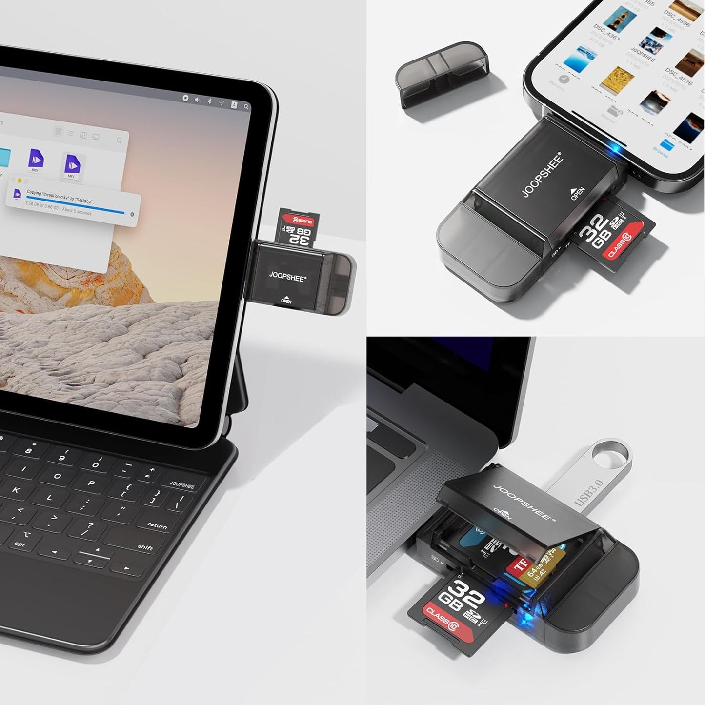 6-in-1 SD/TF Card Reader Adapter with USB A & Type C Port & USB 3.0 Slots for Micro SD/SDHC/SDXC/MMC Memory Cards, Compatible with PC, MacBook, Chromebook, Android Phone, i-Phone