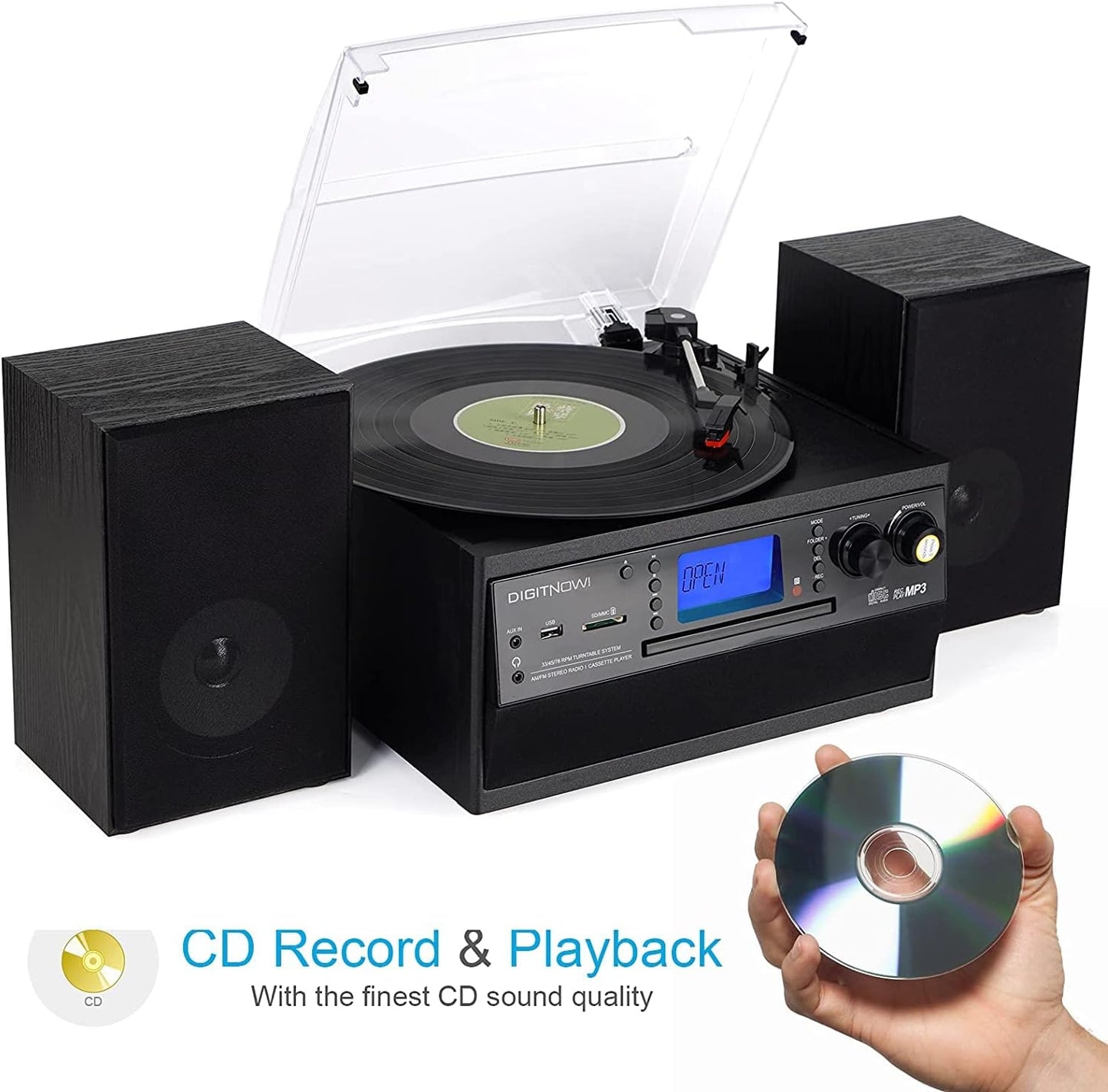 DIGITNOW Bluetooth Record Player Turntable with Stereo Speaker, LP Vinyl to MP3 Converter with CD, Cassette, Radio, Aux in and USB/SD Encoding, Remote Control, Audio Music Player Built in Amplifier
