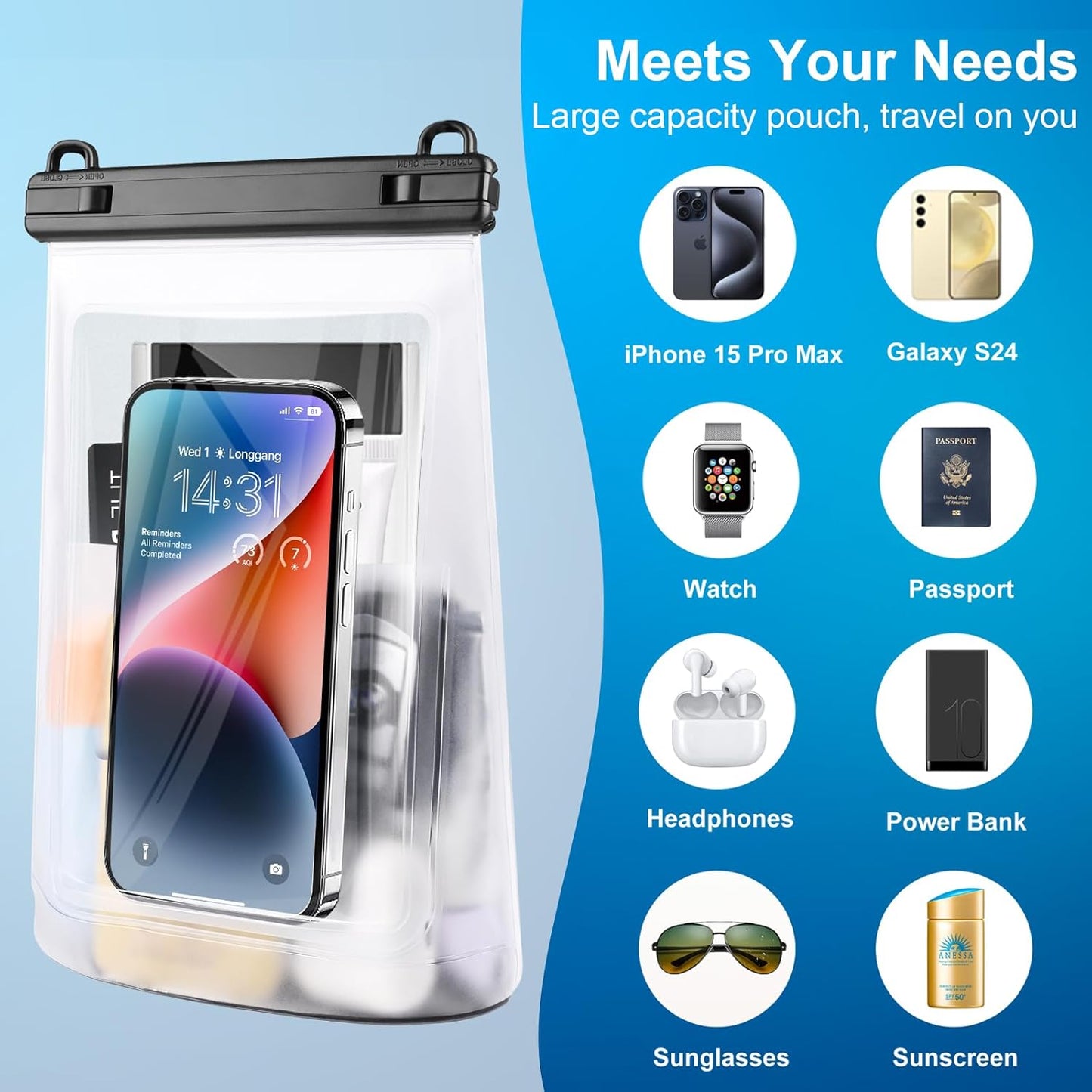 2L Waterproof Phone Pouch for iPhone 16 15 14 11 Pro Max & Galaxy S24 S21 - Floating Large Capacity Dry Bag Stores Sunscreen, Sunglasses - Oversized Waterproof Bag for Beach, Swimming, Kayaking