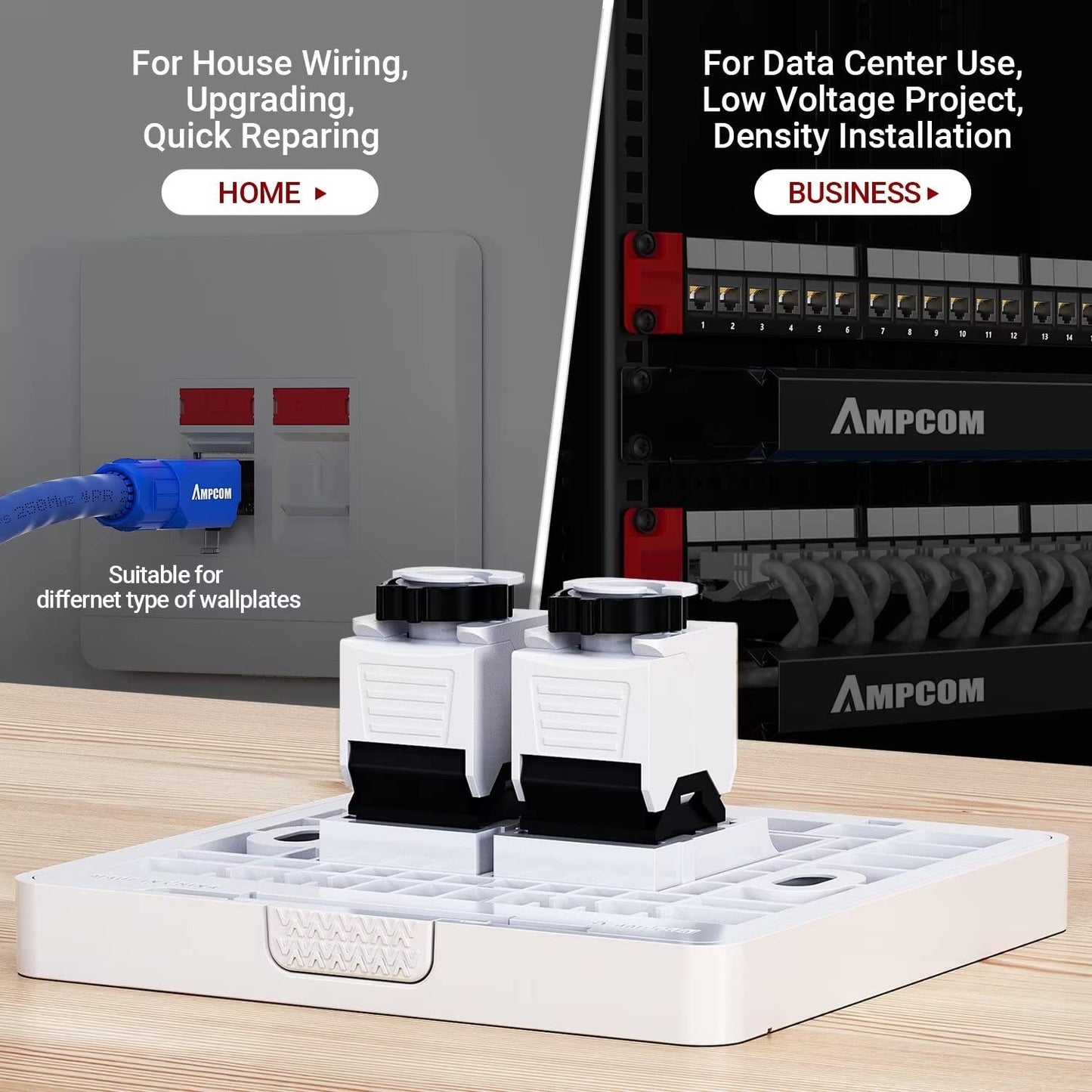 AMPCOM CAT6 RJ45 Keystone Jack - Reusable UTP Ethernet Wall Jack with Adjustable Ratchet Lock Design, No Tool and Zip Tie Required - 50u Gold Plated - Black (2-Pack)