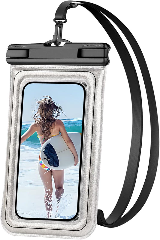 Floating Waterproof Phone Pouch, IPX68 Waterproof Phone Case with Lanyard for iPhone 16 15 14 13 Pro Max Samsung S25 S24 S23 S22, Up to 7", Beach Vacation Essentials, Glitter Silver