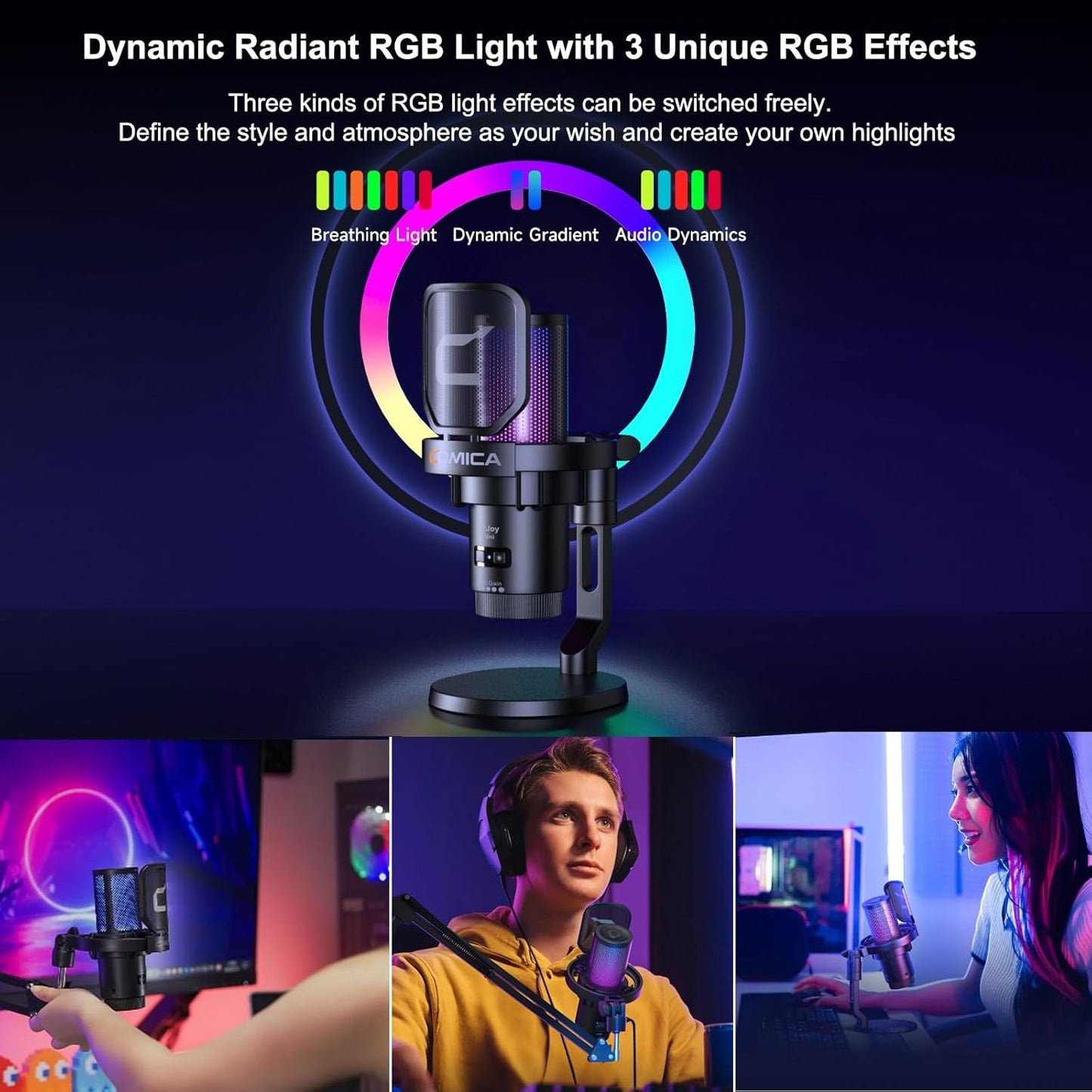 COMICA Wireless USB Microphone for Computer and Smartphone,48kHz/24bit RGB Cardioid Condenser Gaming Mic for Podcasting,Streaming,Recording with Boom Arm Stand-Black (EJoy Uni Pro A)