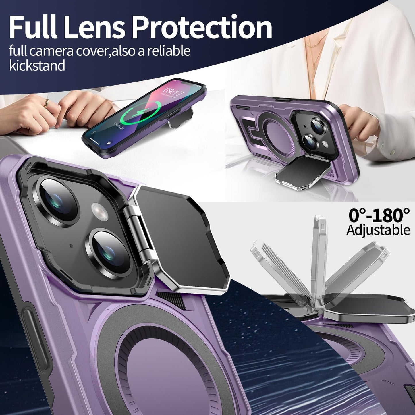 Camera Stand Case for iPhone 13/14, [Compatible with Mag Safe] [Lens Cover] 2024 Version Military Grade Protective Soft Case for iPhone 13/14 6.1 inch Men Women, Purple