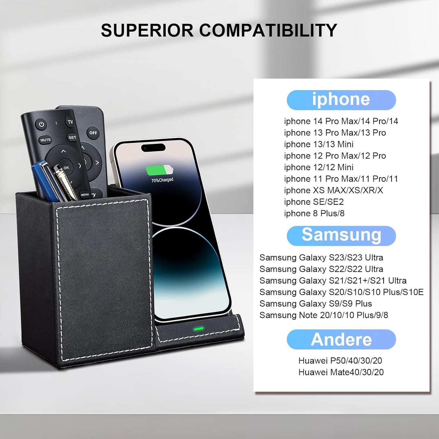 Wireless Charger with Desk Organizer, Wireless Charging Station for iPhone 13/13 Pro Max/13 Pro/12 Series/11/XS Max/XR/X/8Plus/SE 2, Wireless Charging Stand with Leather… (Black S)