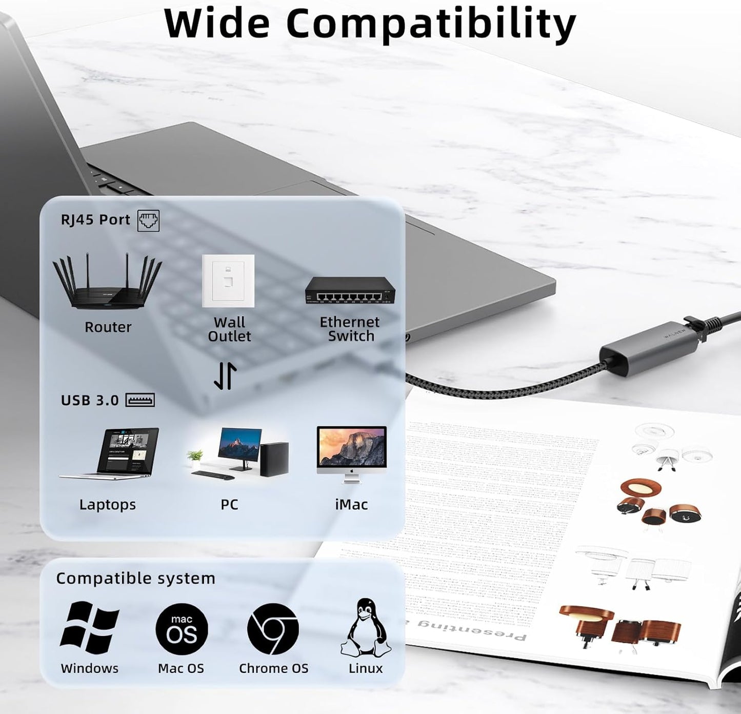 USB 3.0 Ethernet Adapter, WALNEW 1000Mbps Gigabit USB to Ethernet LAN Network Adapter, Aluminum USBA Male to RJ45 Female Cable Converter for MacBook,Chromebook,Surface, Laptop,Desktop,PC