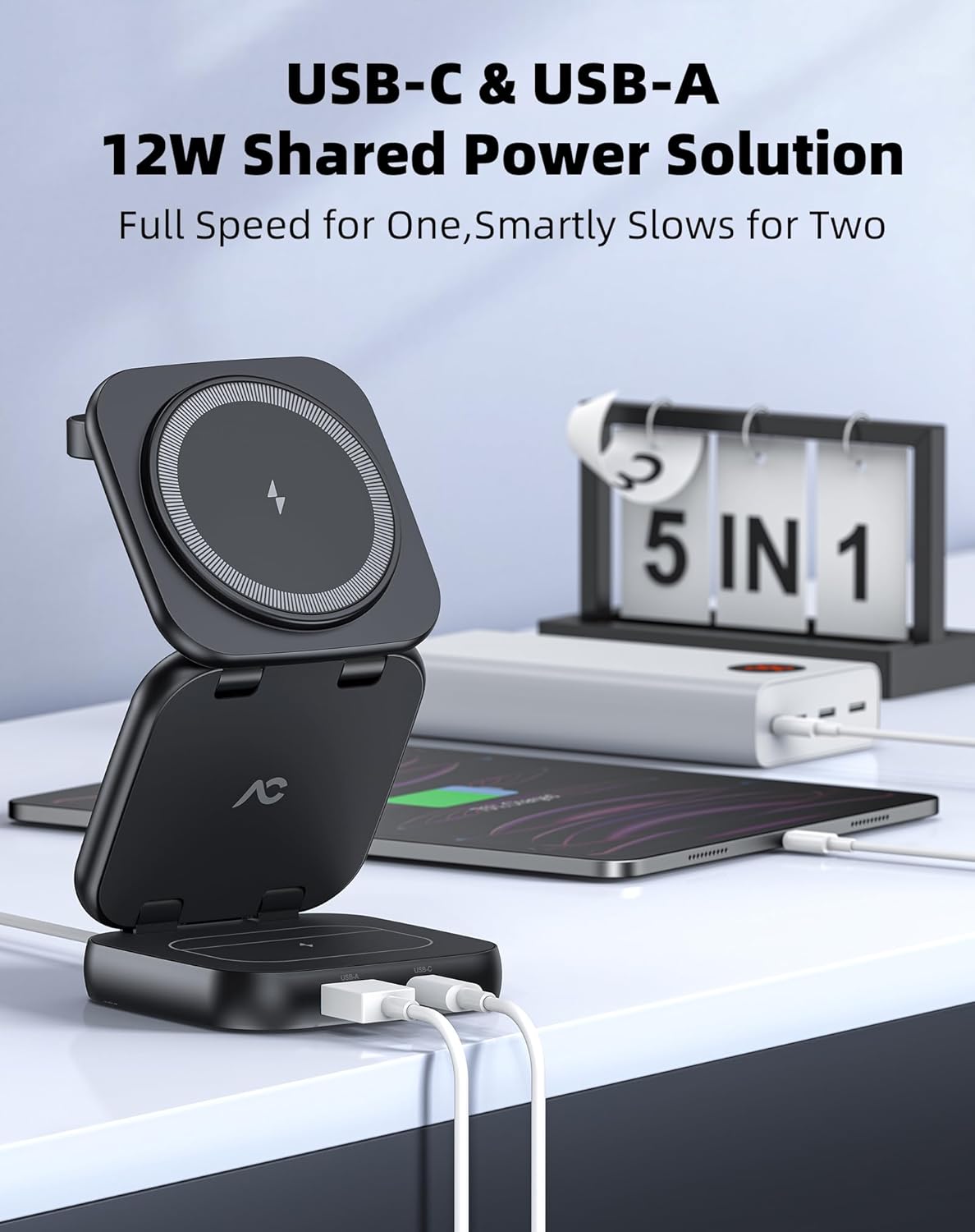 5-in-1 Wireless Charger for MagSafe, AC ISLAND Portable Travel Charging Station, 15W Max Fast Foldable Magnetic Stand, Evolved for iPhone 16/15/14/13 Series, Apple Watch, AirPods (with 35W Adapter)
