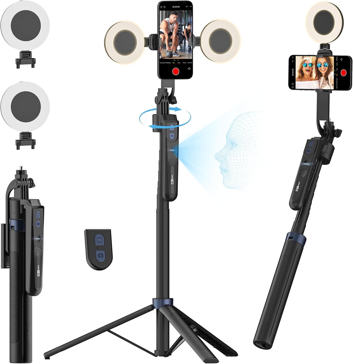 Auto Face Tracking Tripod 360 Rotation,Phone Tripod for iPhone w/Fill Light,Selfie Stick for iPhone w/Remote Control,70” Phone Holder Video Recording for Content Creators TikTok(UTK-02)
