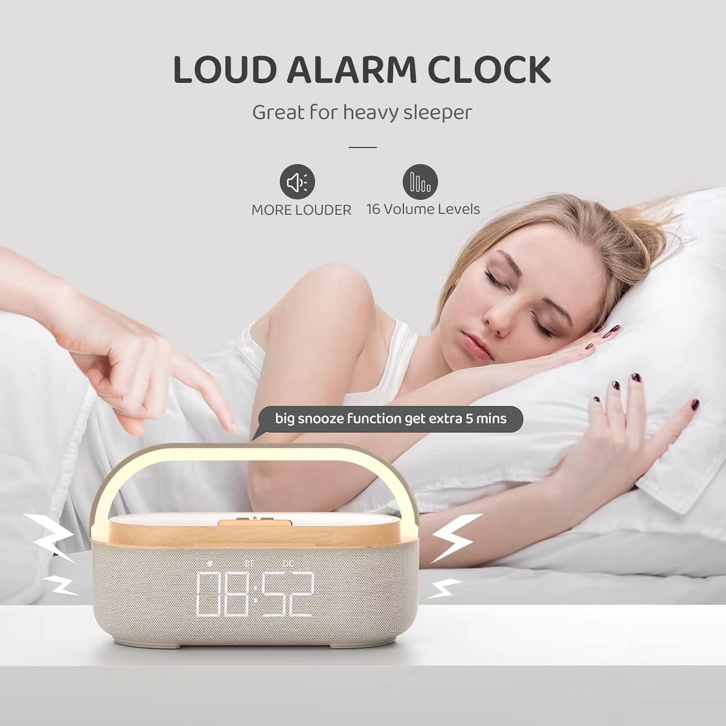 Bluetooth Speaker Alarm Clock with Wireless Charger, FM Radio, Adjustable LED Night Light, 6 in 1 Bedroom Portable Speaker 2500mAh, Phone Stand for Bedside, Home, Office, Gift