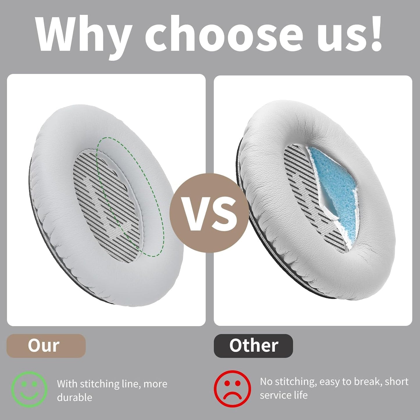 Damex Ear Cushions for Bose qc35 ii Replacement Ear Pads, Compatible with Bose QuietComfort 35 Replacement earpads, Increased Stitching,no Breakage, Protein Leather, Softly. (Silver)