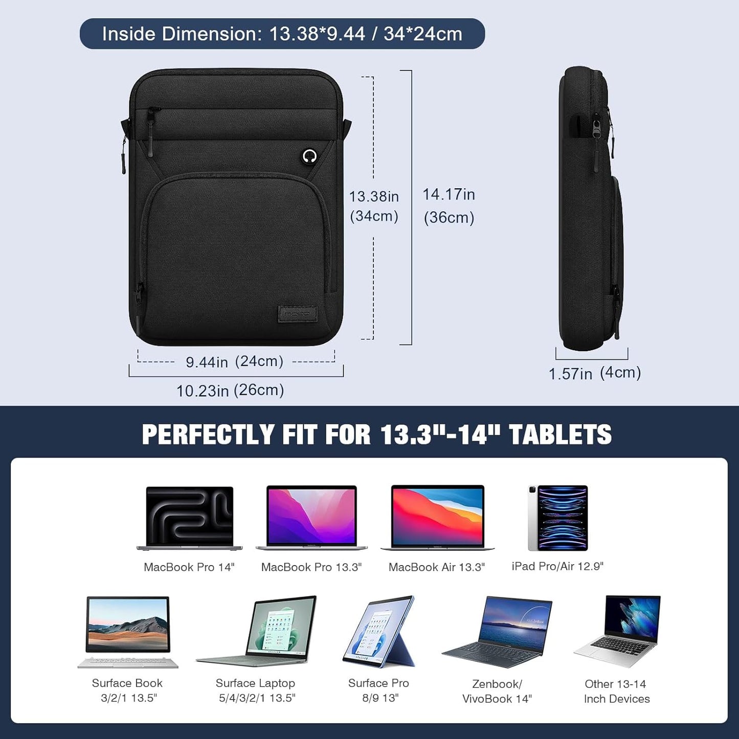MoKo 13-14 Inch Laptop Sleeve Bag, Fits MacBook Air 13/13.3/13.6 Inch M2/M3, MacBook Pro 13/14 Inch M1/M2/M3, Surface Pro 9/8 13", Multifunctional Bag with Shoulder and Headphone Port, Black