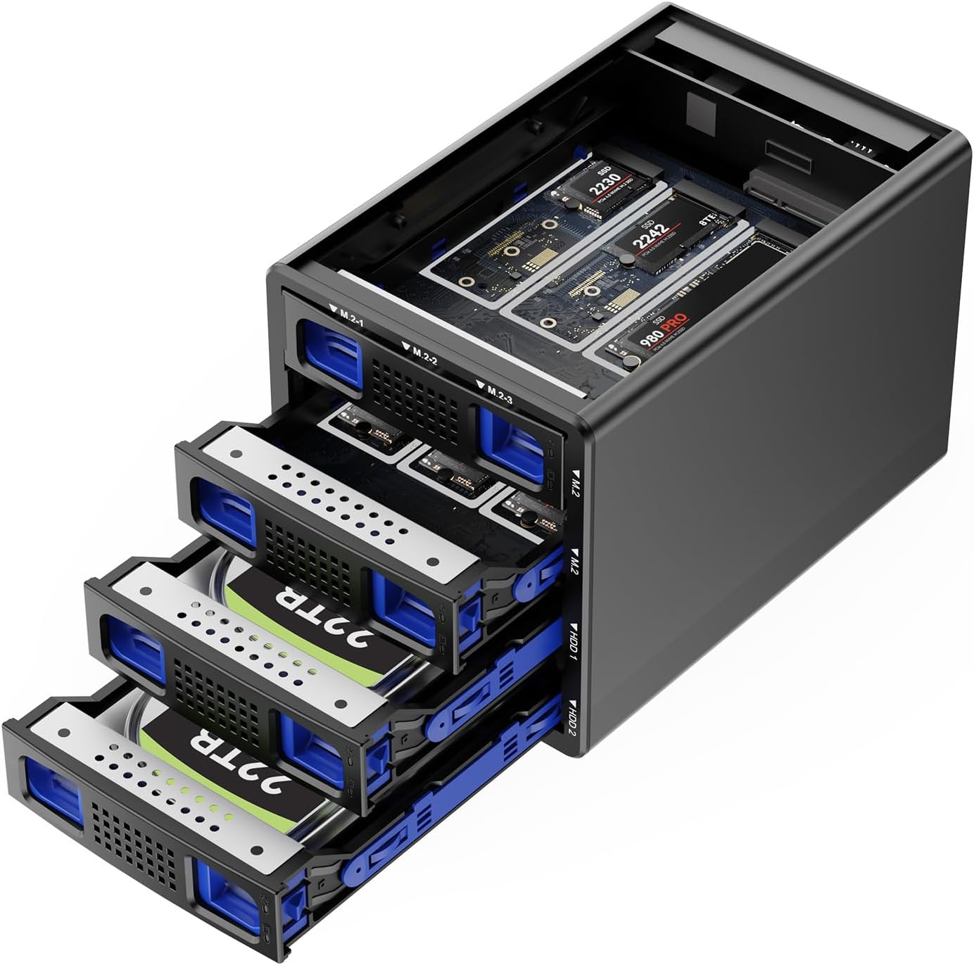 Hybrid 2*2.5/3.5" SATA HDD/SSD+6* M / B+M Key M.2 NVMe Enclosure with Cooling Fan and USB A/C 3.2 Gen 2, Hard Drive Enclosure Support 92TB(2*22TB HDD+6*8TB 2230/2242/2260/2280/22110 SSDs)