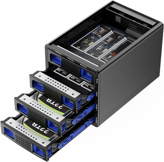 Hybrid 2*2.5/3.5" SATA HDD/SSD+6* M / B+M Key M.2 NVMe Enclosure with Cooling Fan and USB A/C 3.2 Gen 2, Hard Drive Enclosure Support 92TB(2*22TB HDD+6*8TB 2230/2242/2260/2280/22110 SSDs)