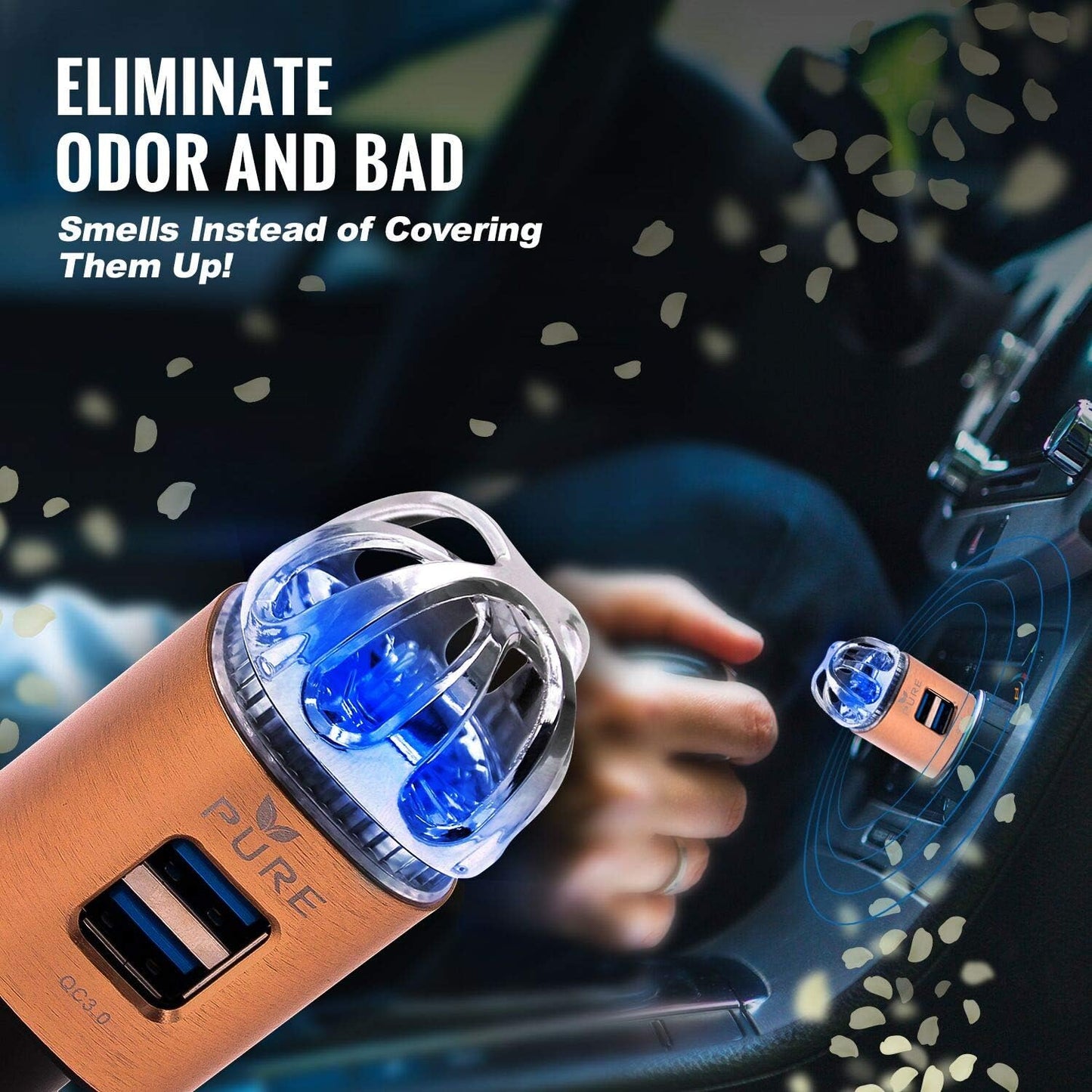 Car Air Purifier 3in1 Premium Stainless Steel Air Filter Ionizer w/Dual USB Quick Charge 3.0 USB-Eliminate Allergens Odor Smell, Smoke, Pets, Pollen Mold Bacteria w/Anti-Microbial Deodorizer (Bronze)