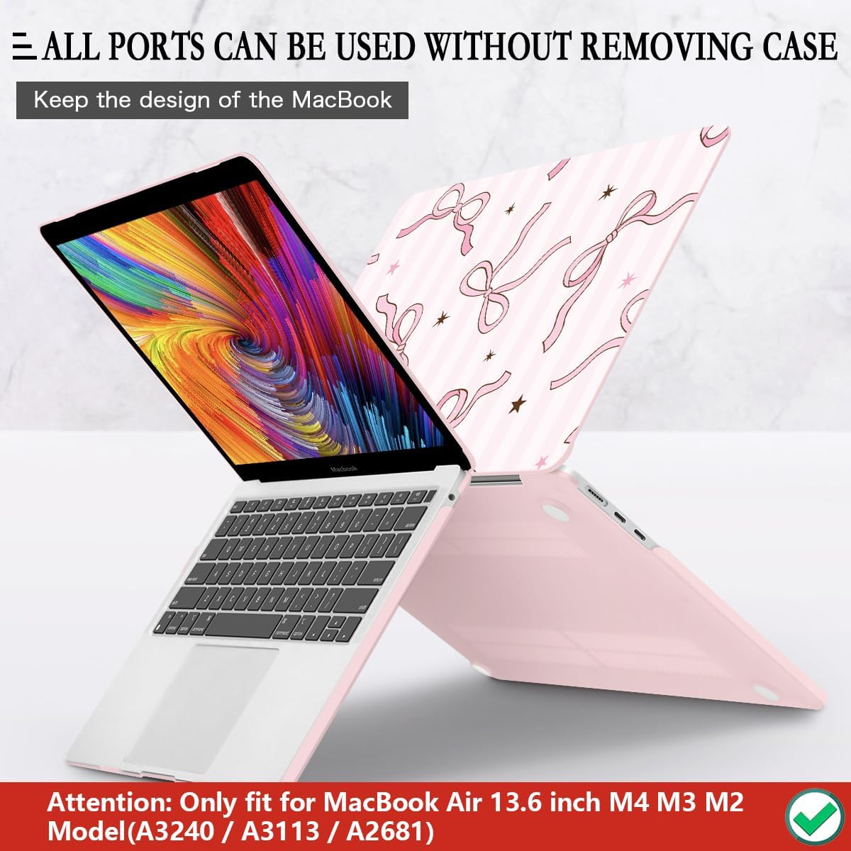 CISSOOK Compatible with MacBook Air 13.6 inch Case 2025 2024 2023 2022 Release A3240 A3113 A2681, Plastic Hard Shell Cover Keyboard Skin Set for MacBook Air 13 inch M2 M3 M4, Baby Pink Bow