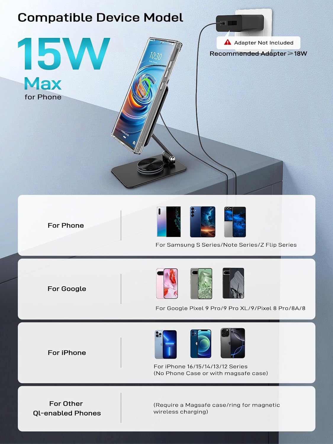 Compatible with MagSafe Charger, 15W MagSafe Charger Stand, 360°Rotation Base Adjustable Foldable Wireless Charger for Samsung Galaxy S25 Ultra/Z Fold7/Flip7/iPhone 16/Pixel 10 Pro/Pixel 10 Pro Fold