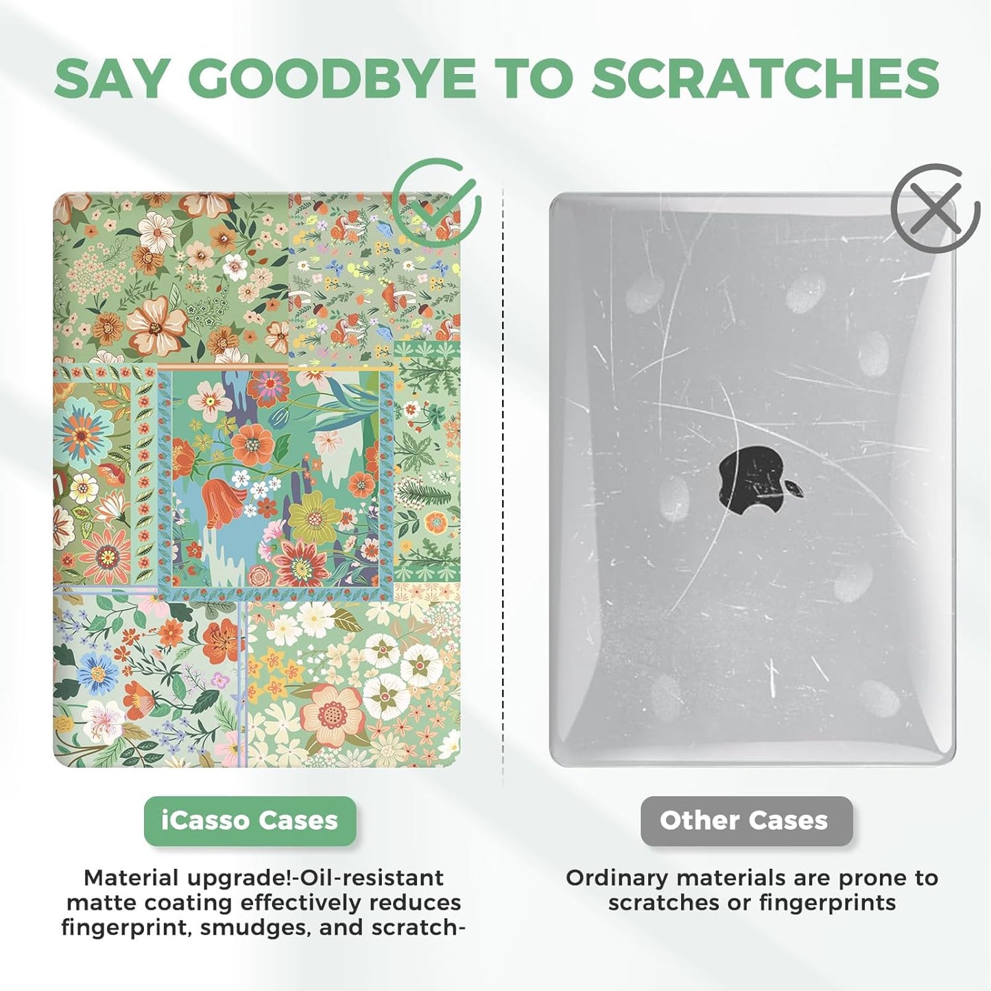 iCasso for MacBook Air 13 inch Case 2020 2019 2018 Release A2337 M1 A2179 A1932, Flower Hard Shell Protective Case for MacBook Air 13.3 inch + Keyboard Cover + Screen Film, Green Flower