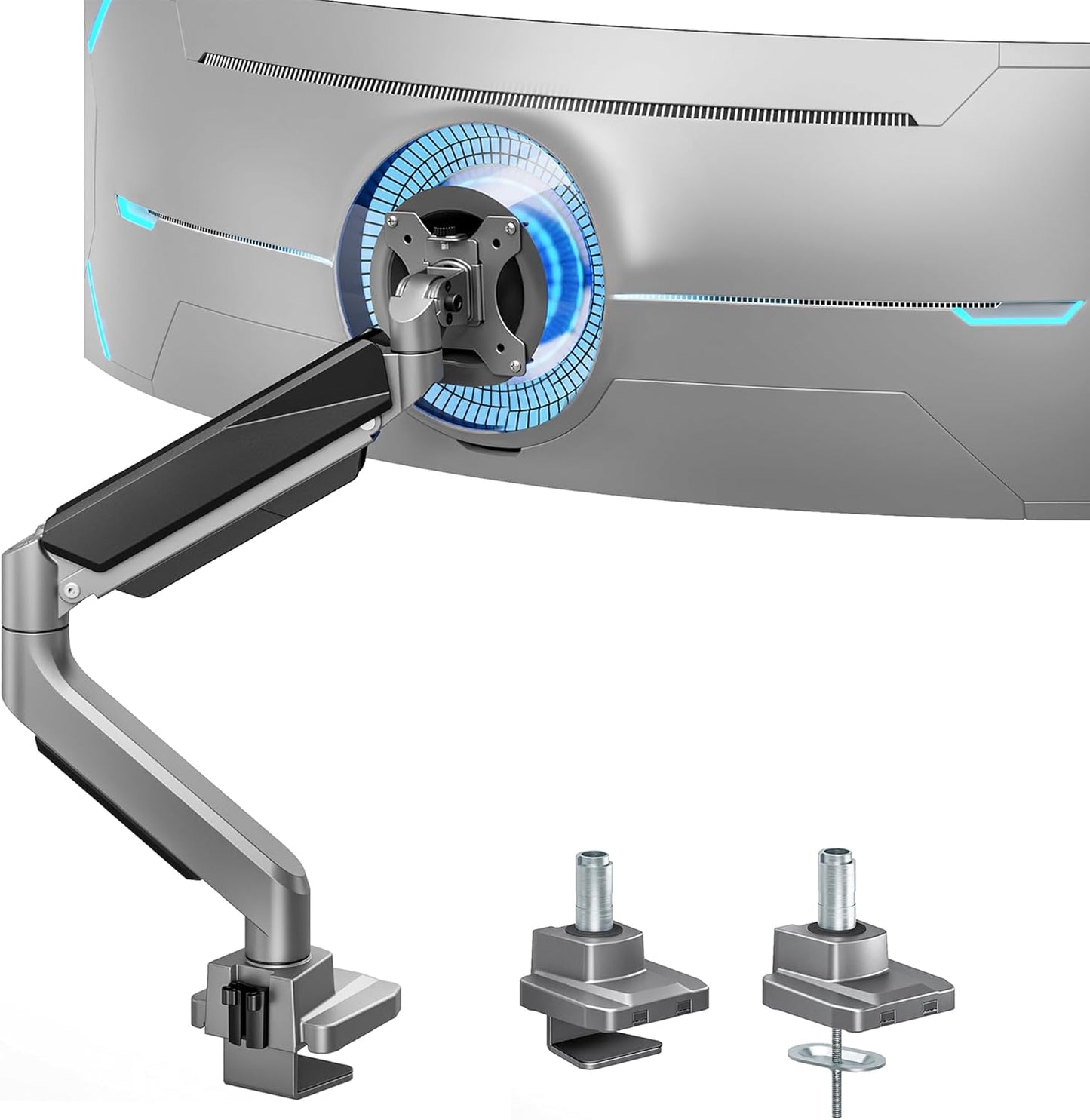 ARES WING Ultrawide Single Monitor Arm, Heavy Duty Monitor Mount for 13"-45" Curved Screens, Adjustable Stand for Desk with C-clamp & Grommet Base up to 40 LBS, Gray