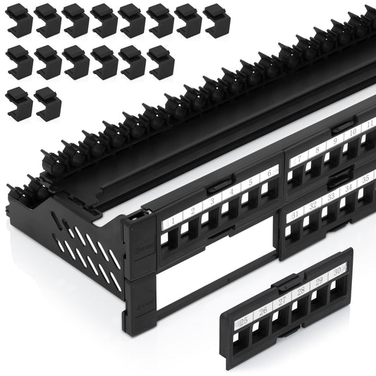 Everest 48 Port Keystone Patch Panel (4-Pack) - Removable 6-Port Panels - Use with Slim Profile Keystones ONLY (Wider Jacks May not fit Side by Side) - 16 Blank Keystone Jack Inserts Included