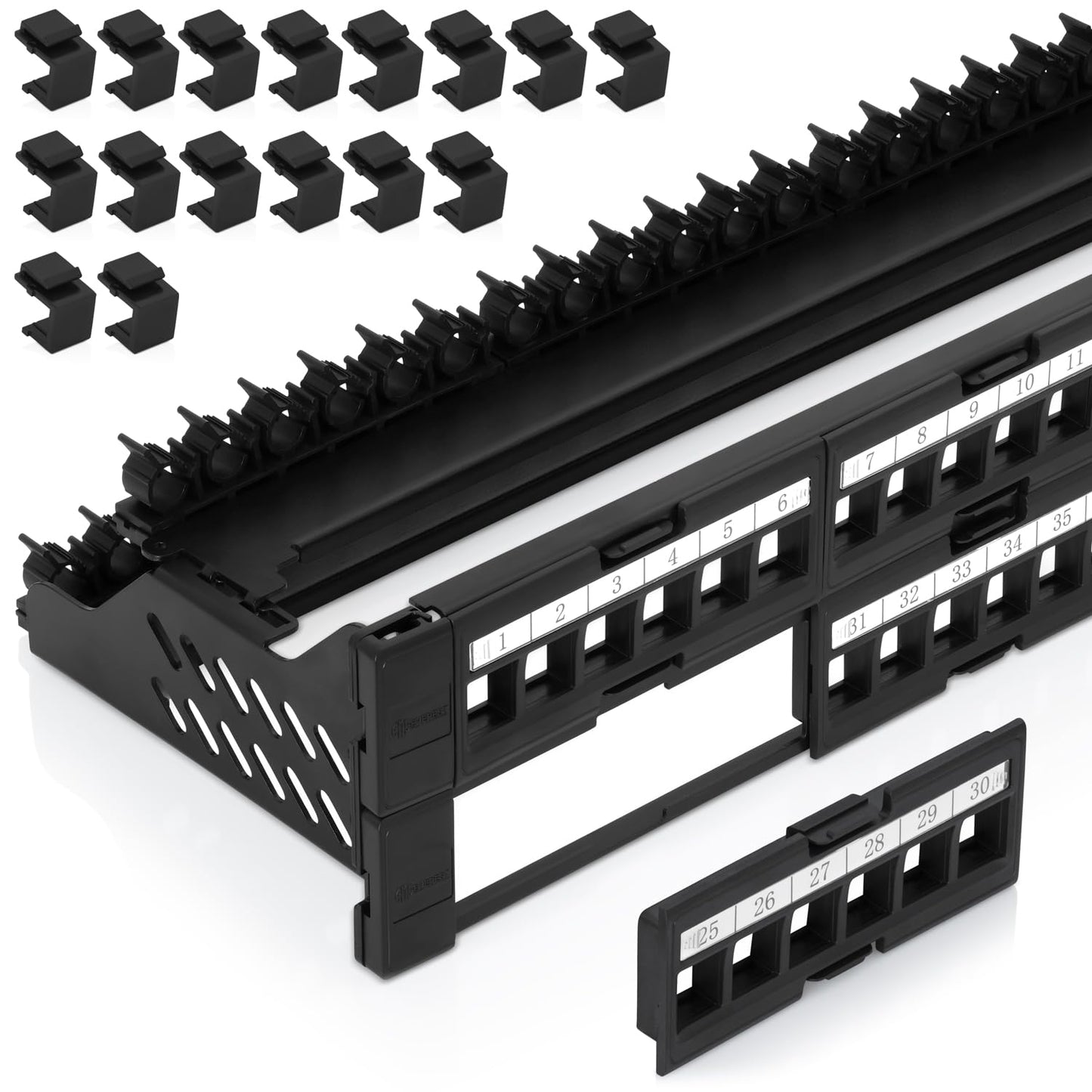 Everest 48 Port Keystone Patch Panel (2-Pack) - Removable 6-Port Panels - Use with Slim Profile Keystones ONLY (Wider Jacks May not fit Side by Side) - 16 Blank Keystone Jack Inserts Included