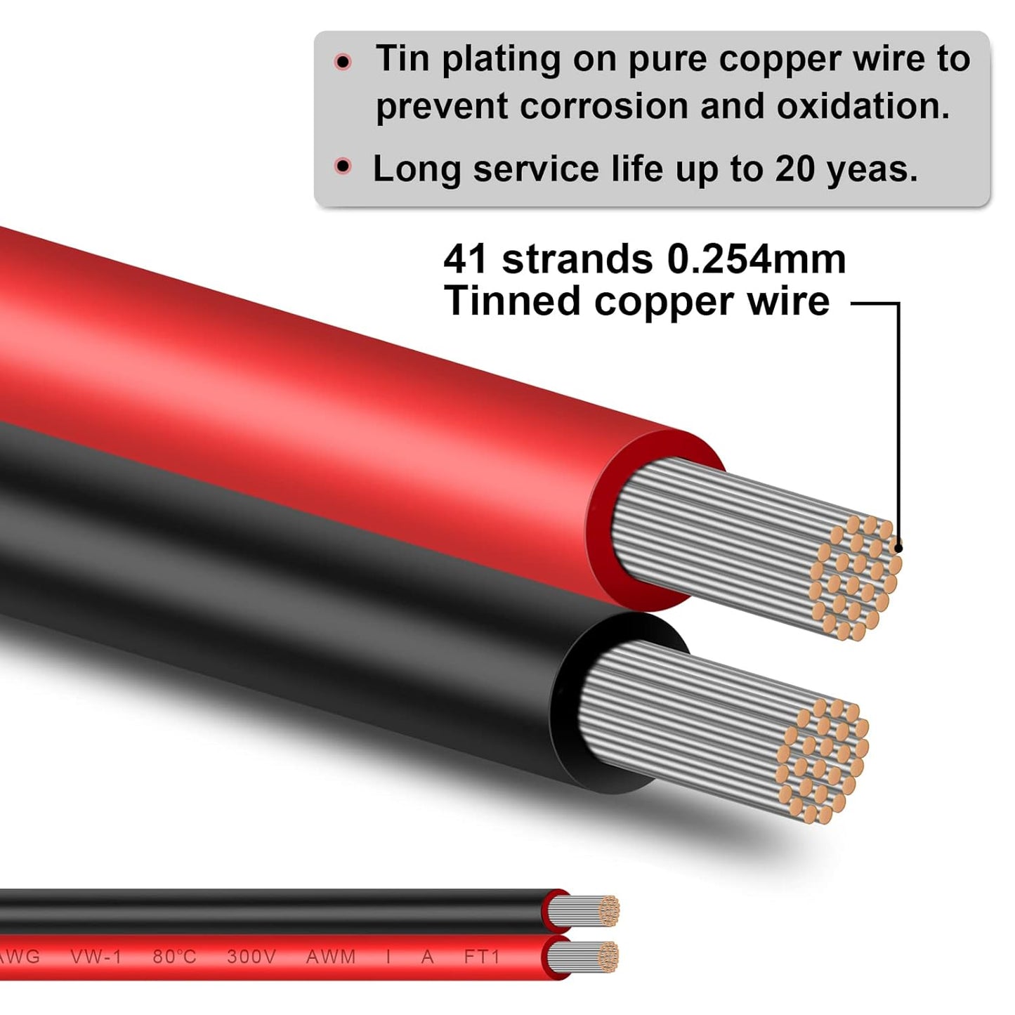 14 Gauge Wire 100FT Tinned Copper Wire-2 Conductor Parallel Wire Insulated Stranded Wire for Solar Panel Car Audio Automotive Low Voltage Electrical Wire for LED Lighting (14AWG 100FT)