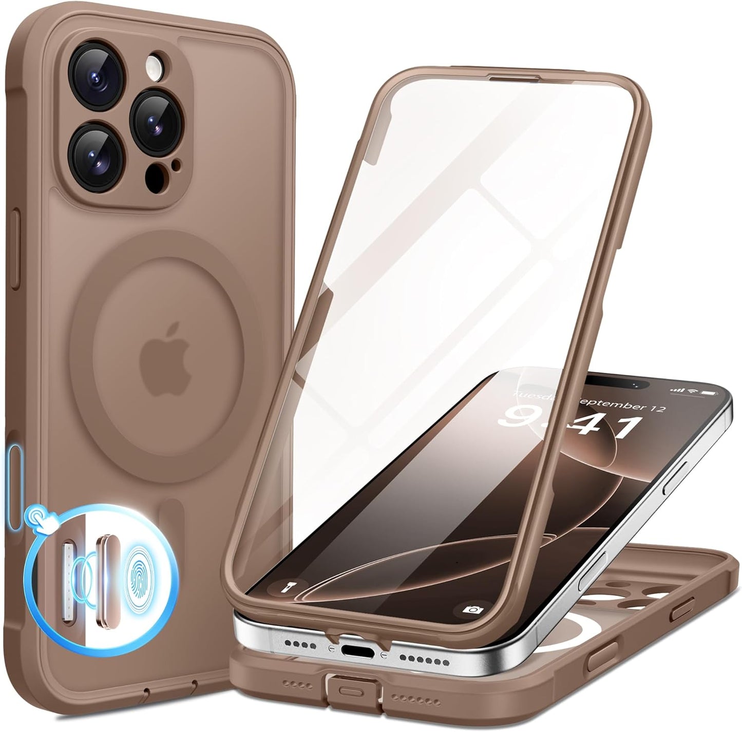 BERFY Magnetic for iPhone 16 Pro Max Case, Compatible with MagSafe, [Built-in 9H Tempered Glass Screen Protector & Camera Protection] Full Body Translucent Matte Phone case for 16 Pro Max, Brown