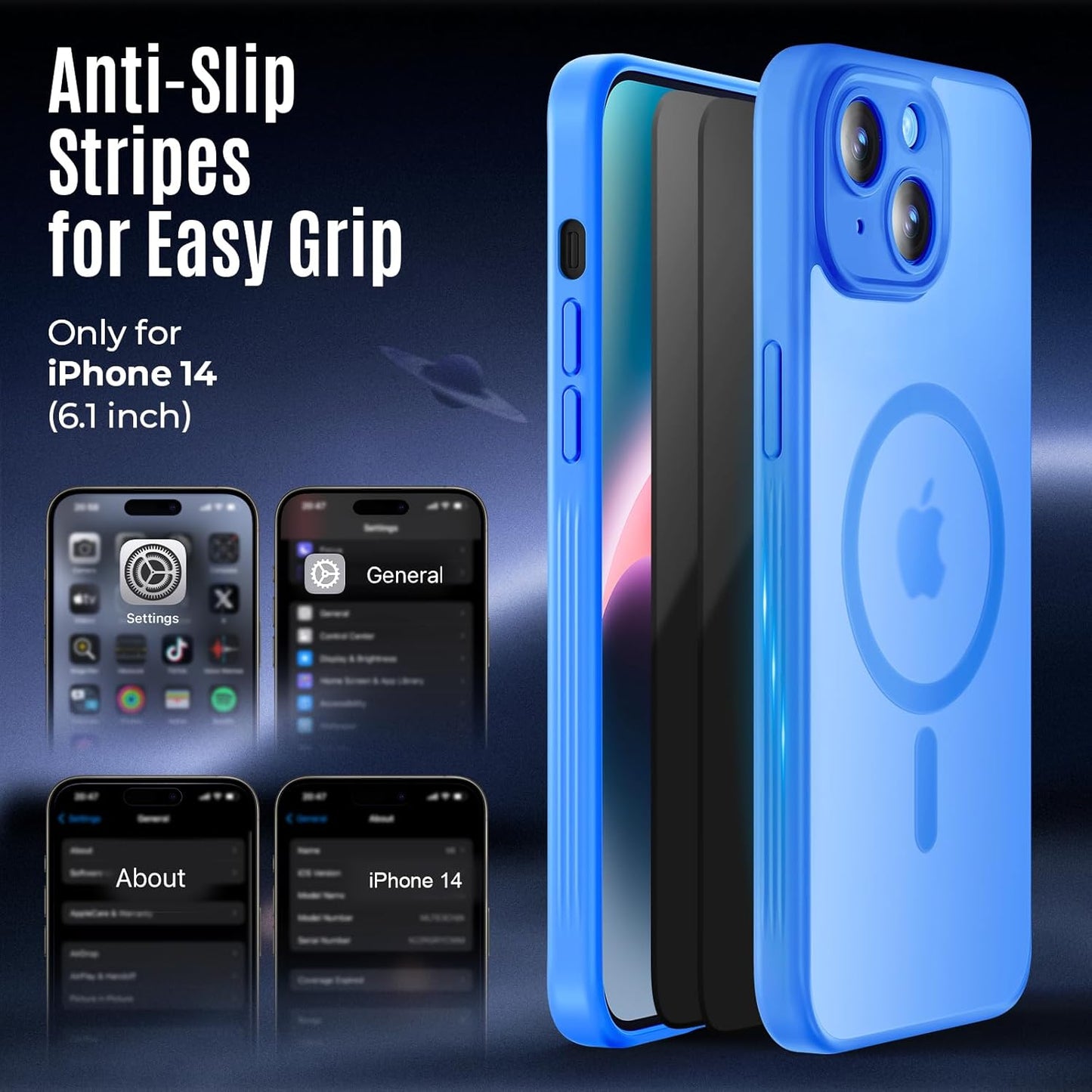 Designed for iPhone 14 Case, Compatible with MagSafe, with Privacy Screen Protectors X2, [Camera Protection] [15FT Military Drop Protection] Shockproof Phone Case, 6.1", Blue